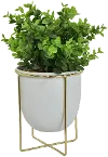 Faux Green Plant Arrangement with White Planter and Metal Stand