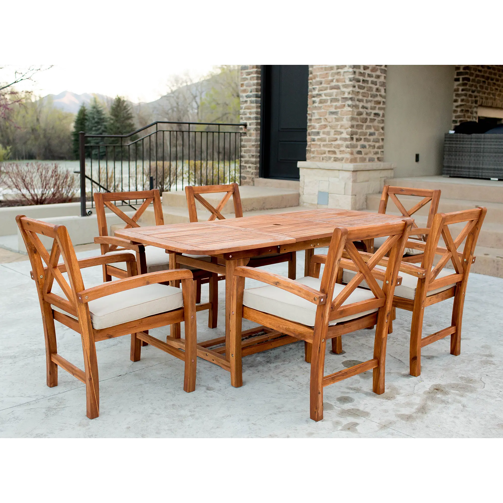 OW7XBDBR 7 Piece Light Brown Rustic Patio Dining Set with Expandable Leaf-1