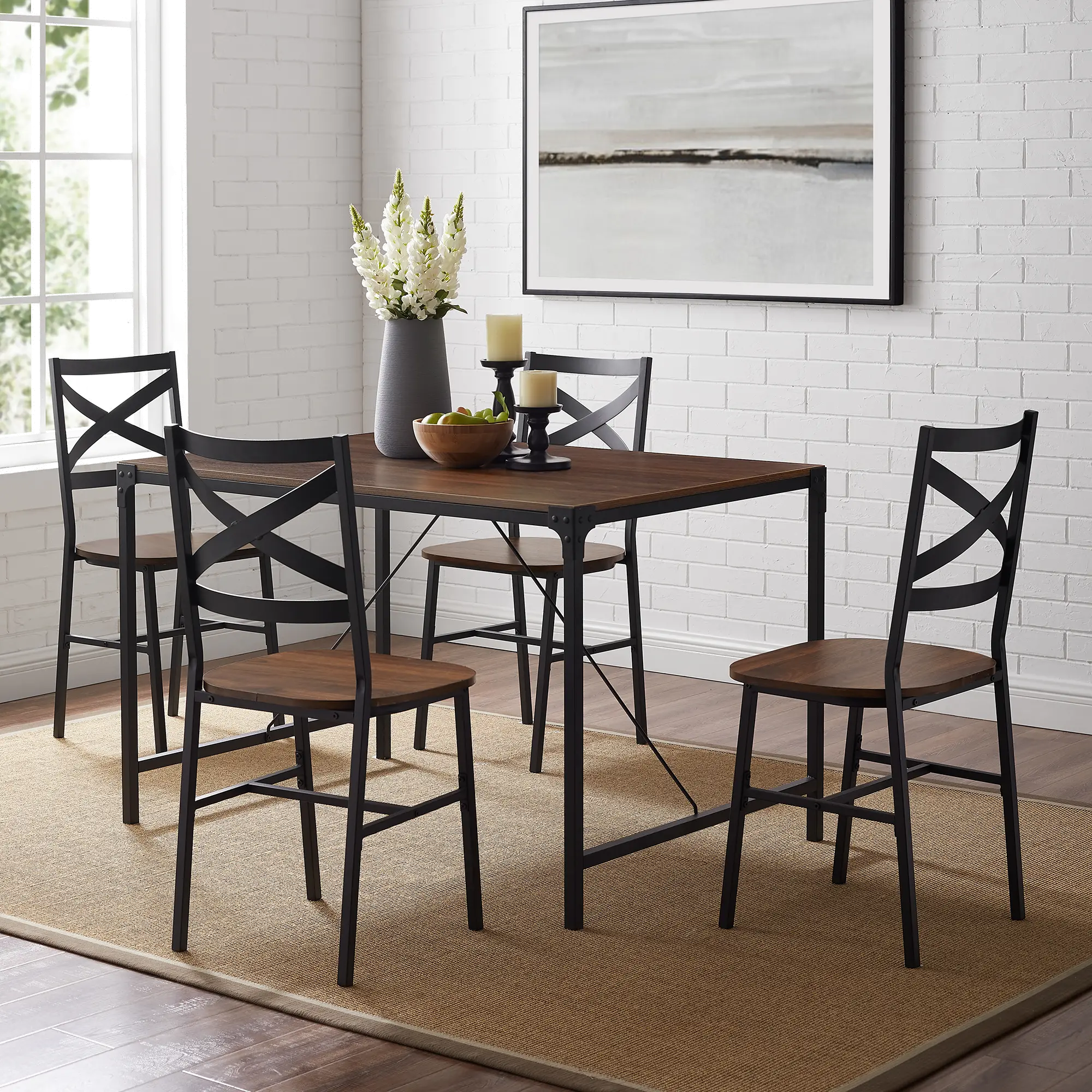 TW48AI5DW Dark Brown and Black Metal 5 Piece Dining Room Set - Angle Iron-1
