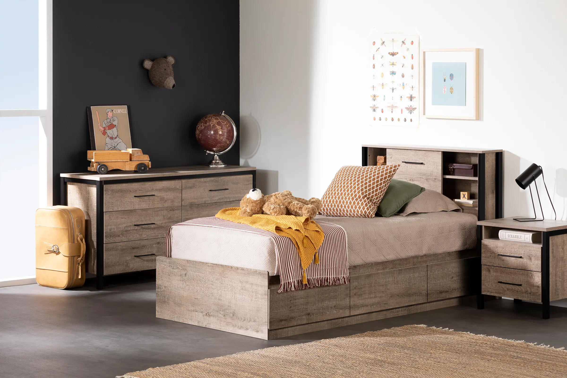 13719 Farmhouse Weathered Oak Twin Mates Storage Bed - Munich-4