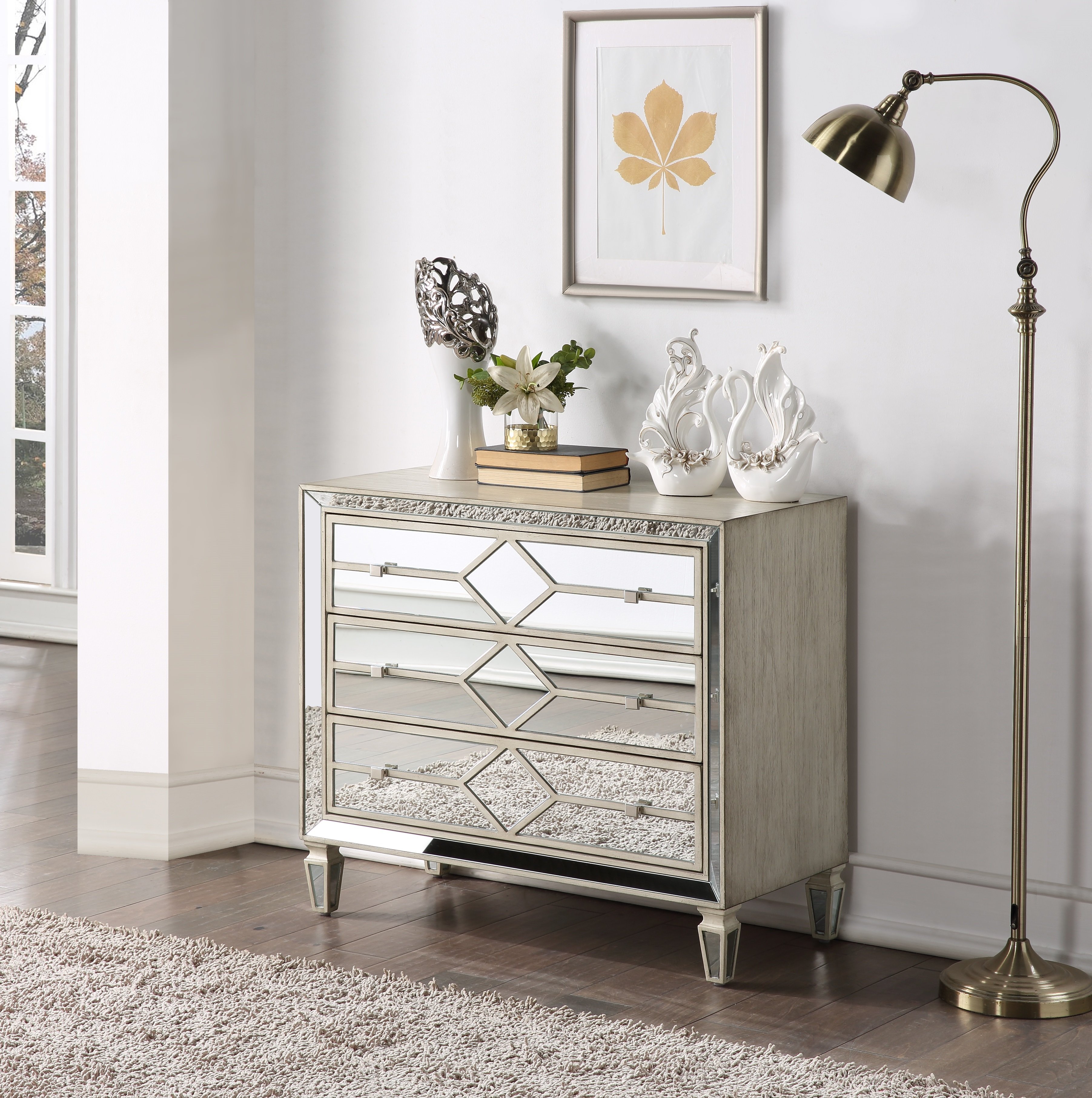 Burnished Ivory and Mirrored 3 Drawer Accent Chest-1