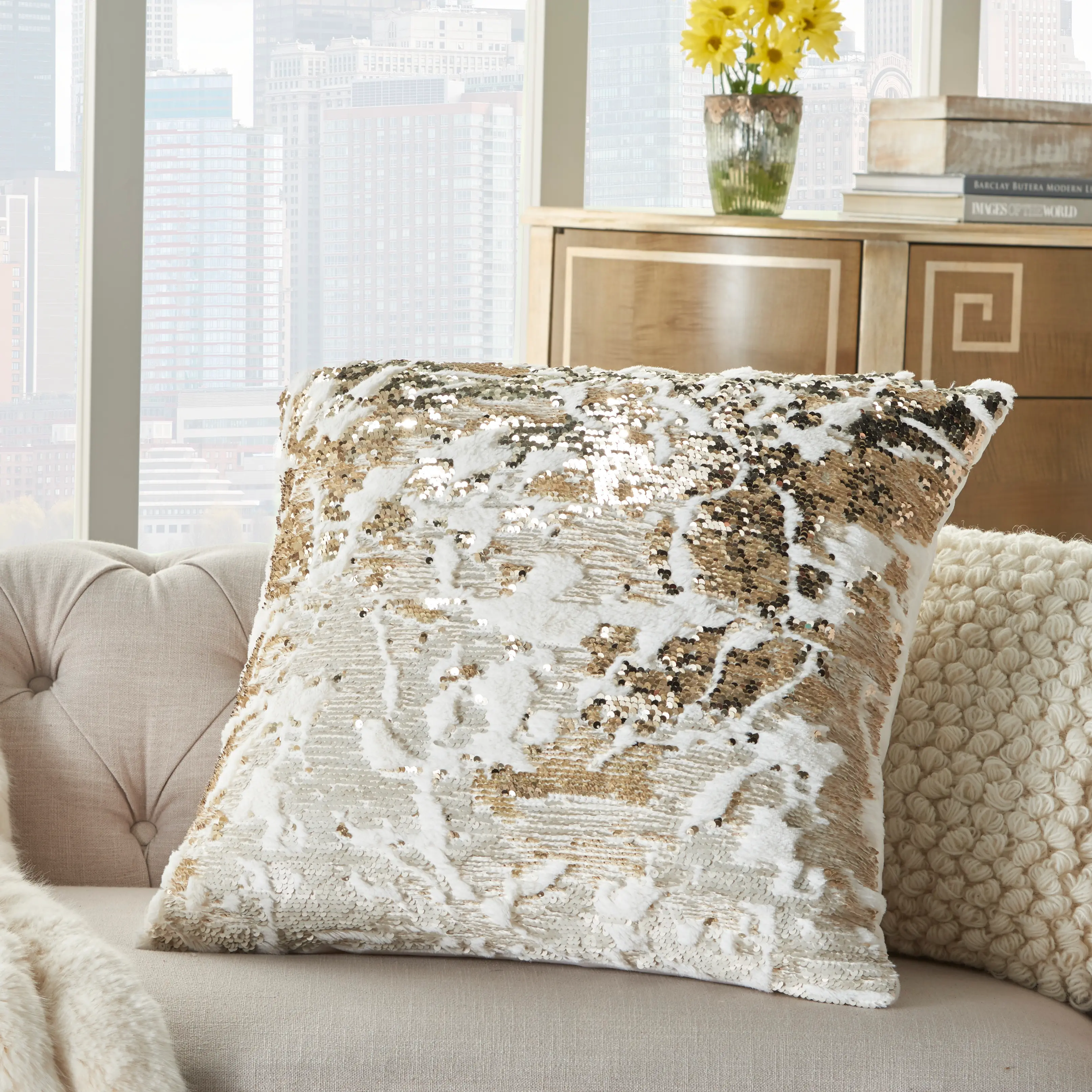 VV201/IVGOLD-20X20 Ivory and Gold Faux Fur Throw Pillow with Sequin Embellishment-1