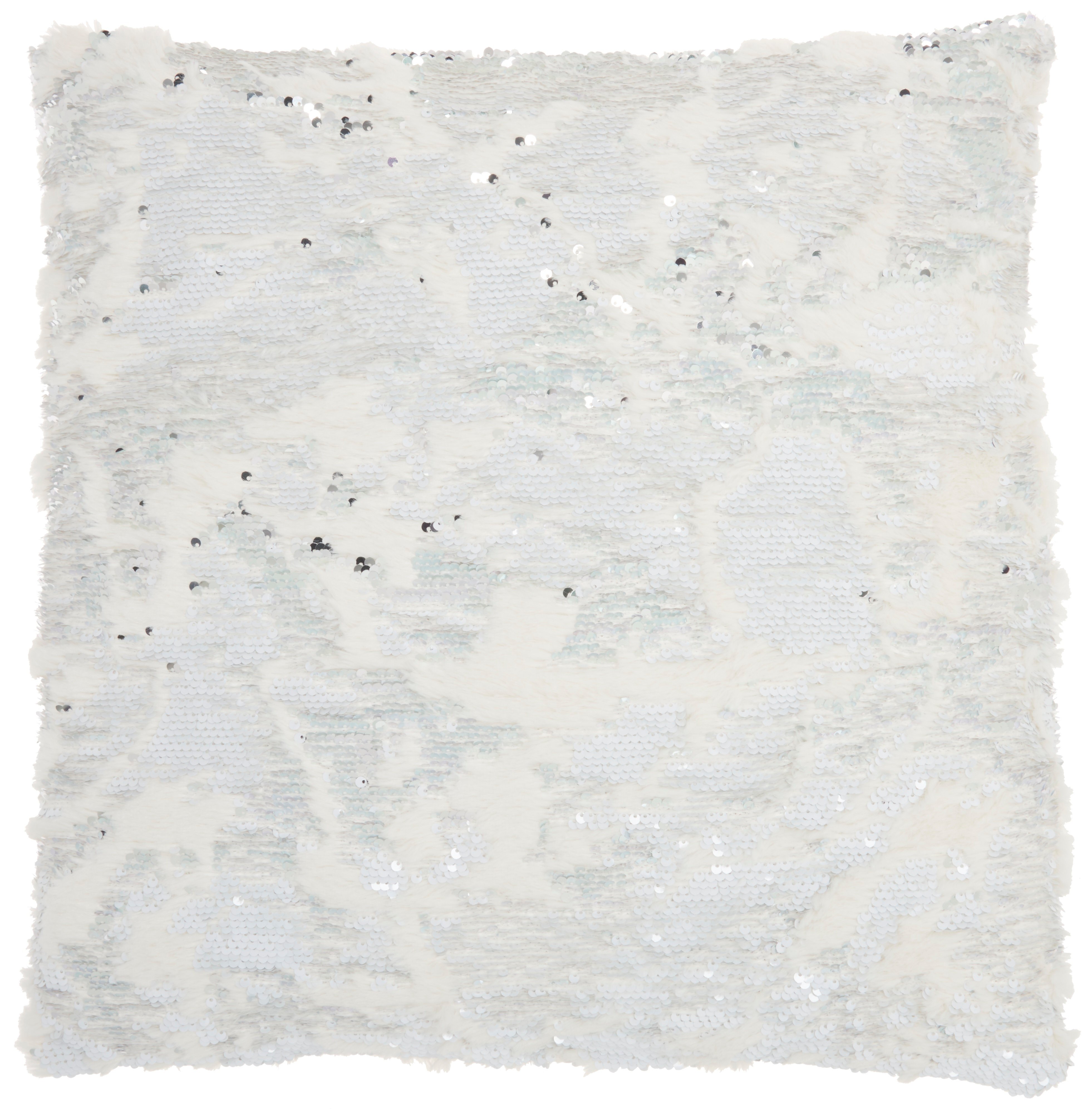 VV201/WHITESV-20X20 White and Silver Faux Fur Throw Pillow with Sequin Embellishment-3