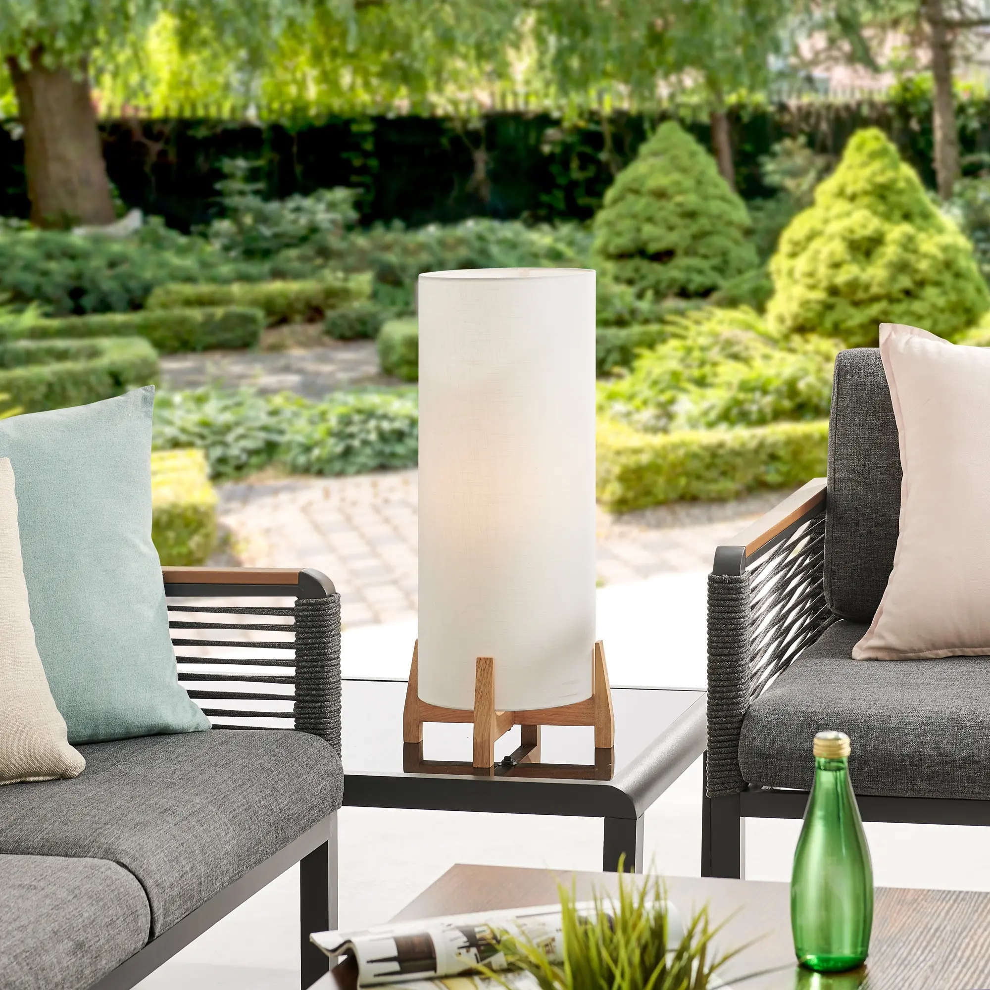Hayes White and Wood Outdoor Cordless Table Lamp with Rechargeable Bulb-1