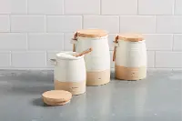 5 Inch White and Light Brown Stoneware Canister with Spoon