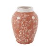 7 Inch Orange-Red Floral Terracotta Vase with Crackle Rim