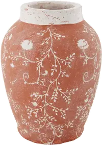 7 Inch Orange-Red Floral Terracotta Vase with Crackle Rim
