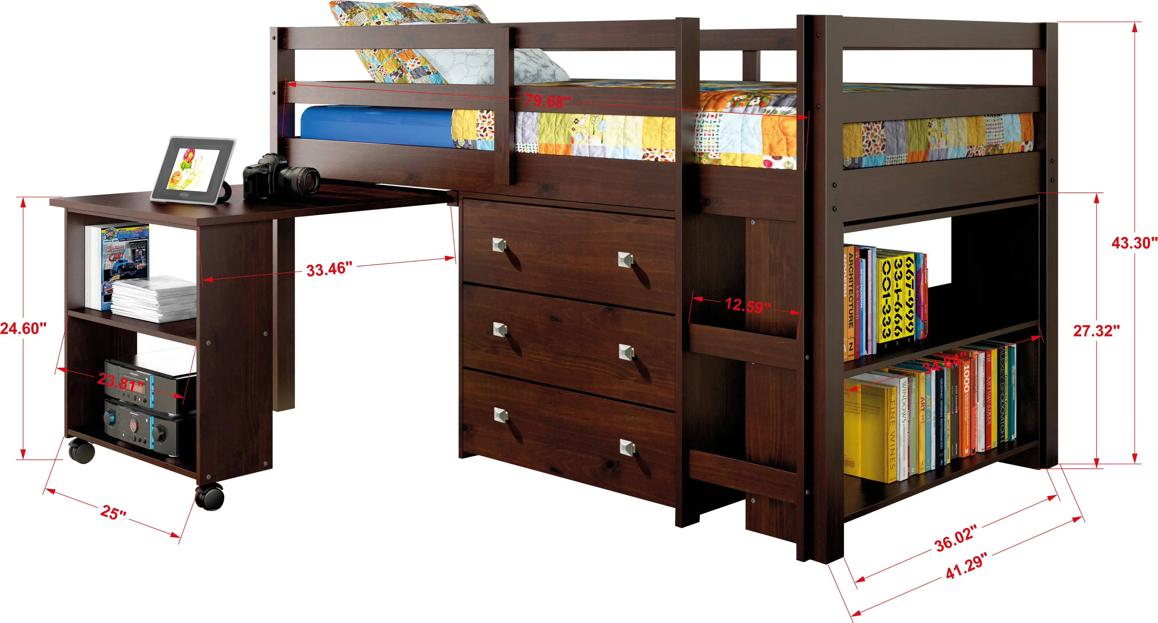Kaycee Dark Cappuccino Twin Loft Bed with Student Desk-4