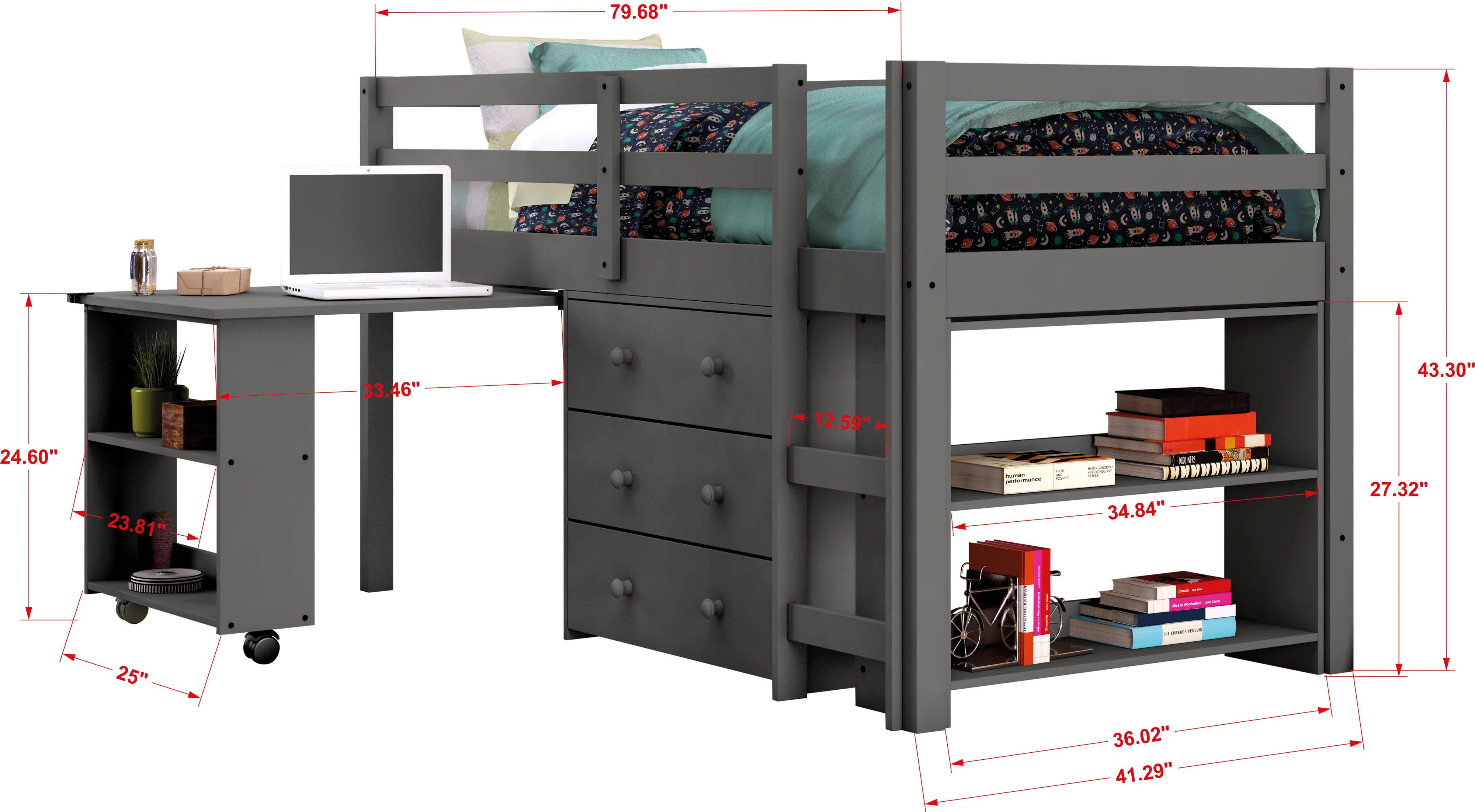 Kaycee Dark Gray Twin Loft Bed with Student Desk-4