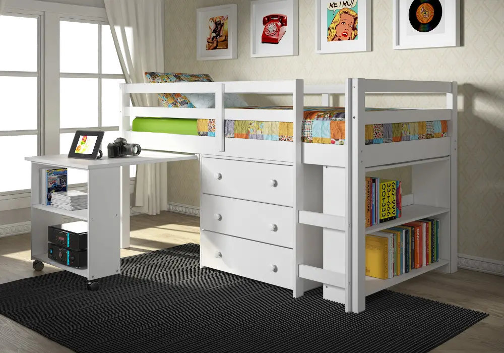 Kaycee White Twin Loft Bed with Student Desk-1