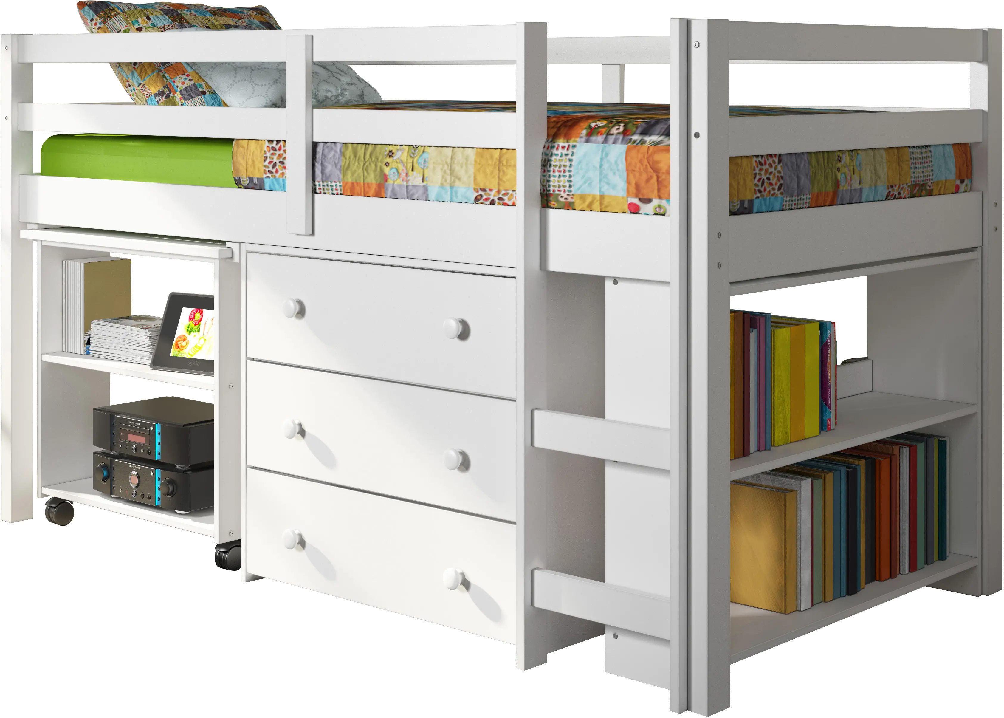 Kaycee White Twin Loft Bed with Student Desk-2