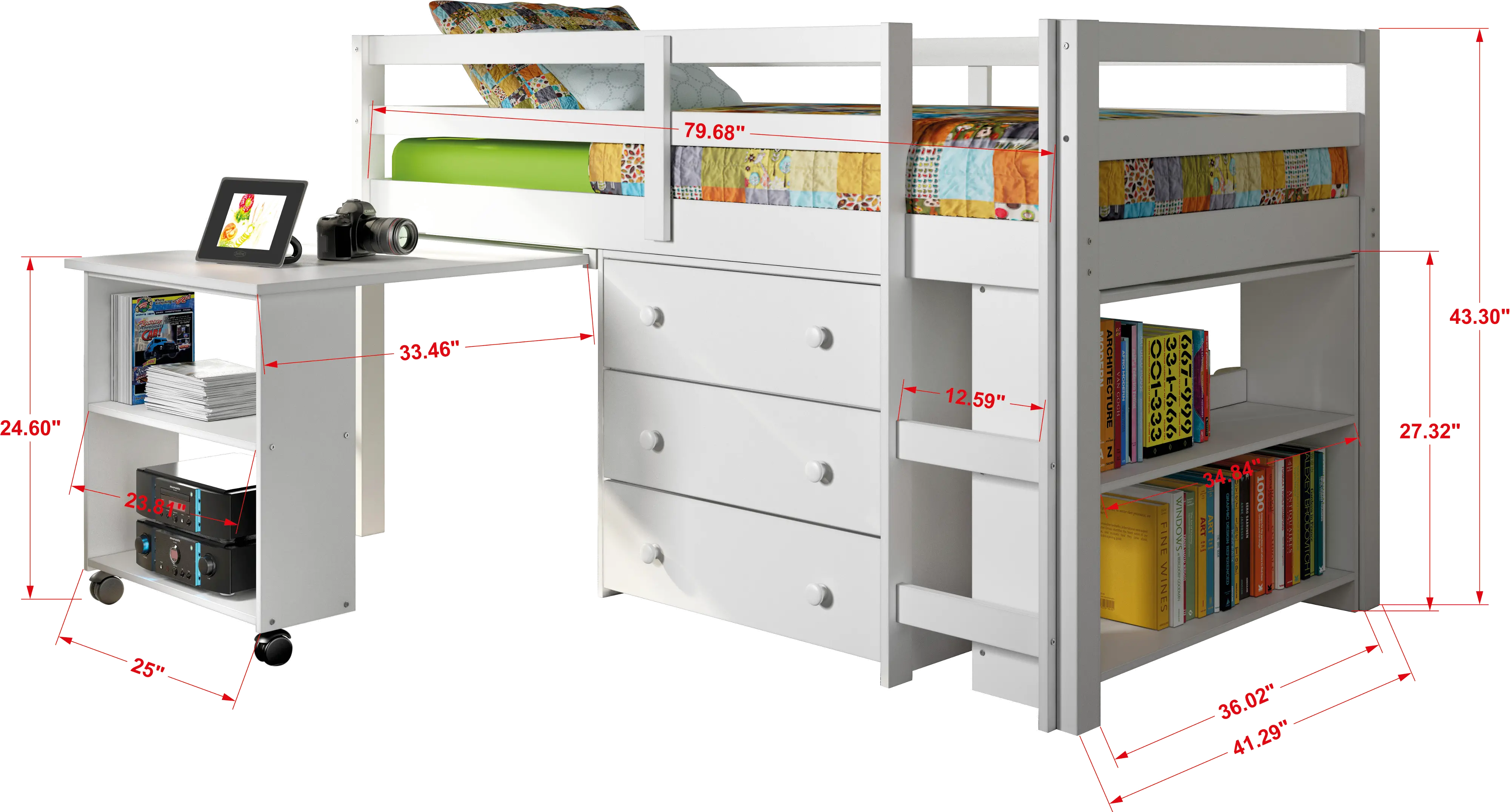 Kaycee White Twin Loft Bed with Student Desk-4