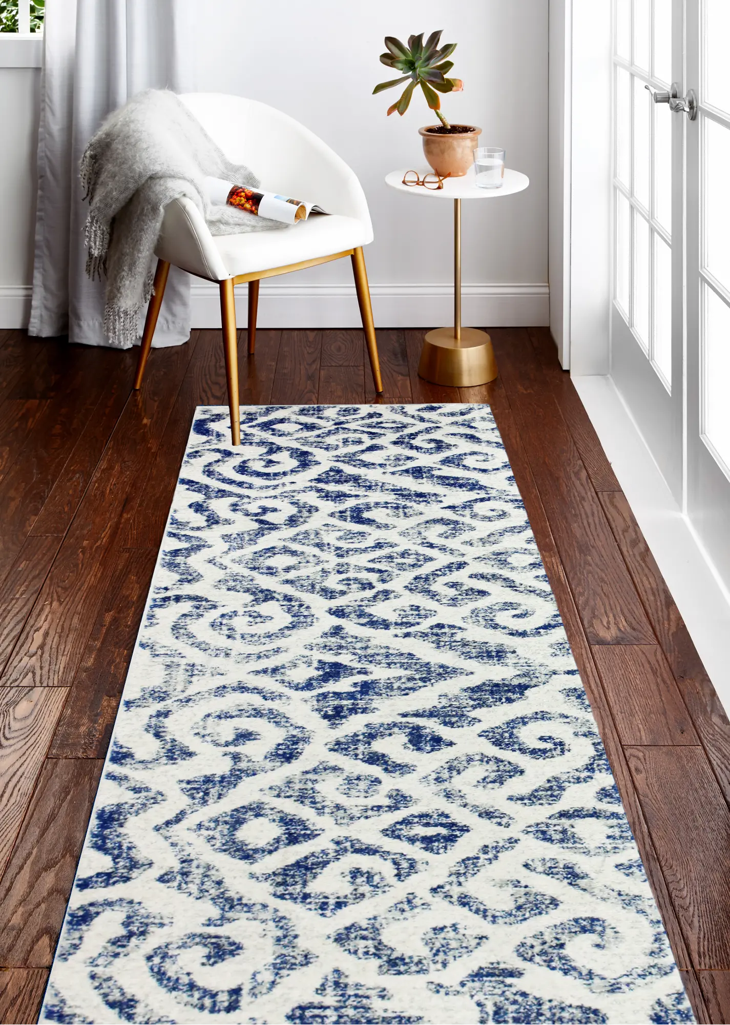 Everek Nahum Blue and Gray 8 Foot Runner Rug-2