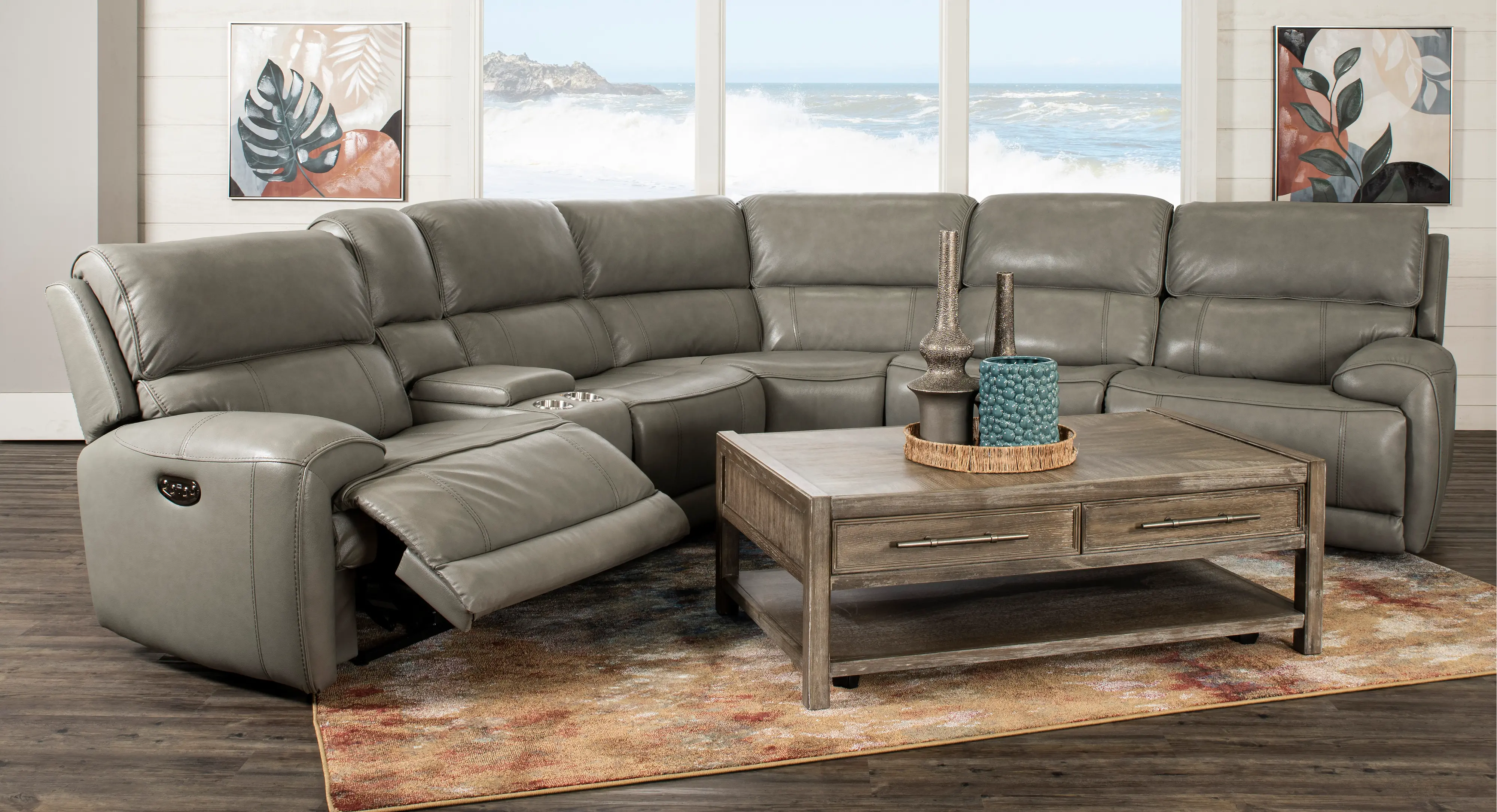 Mickey Gray Leather 6-Piece Power Reclining Sectional-1