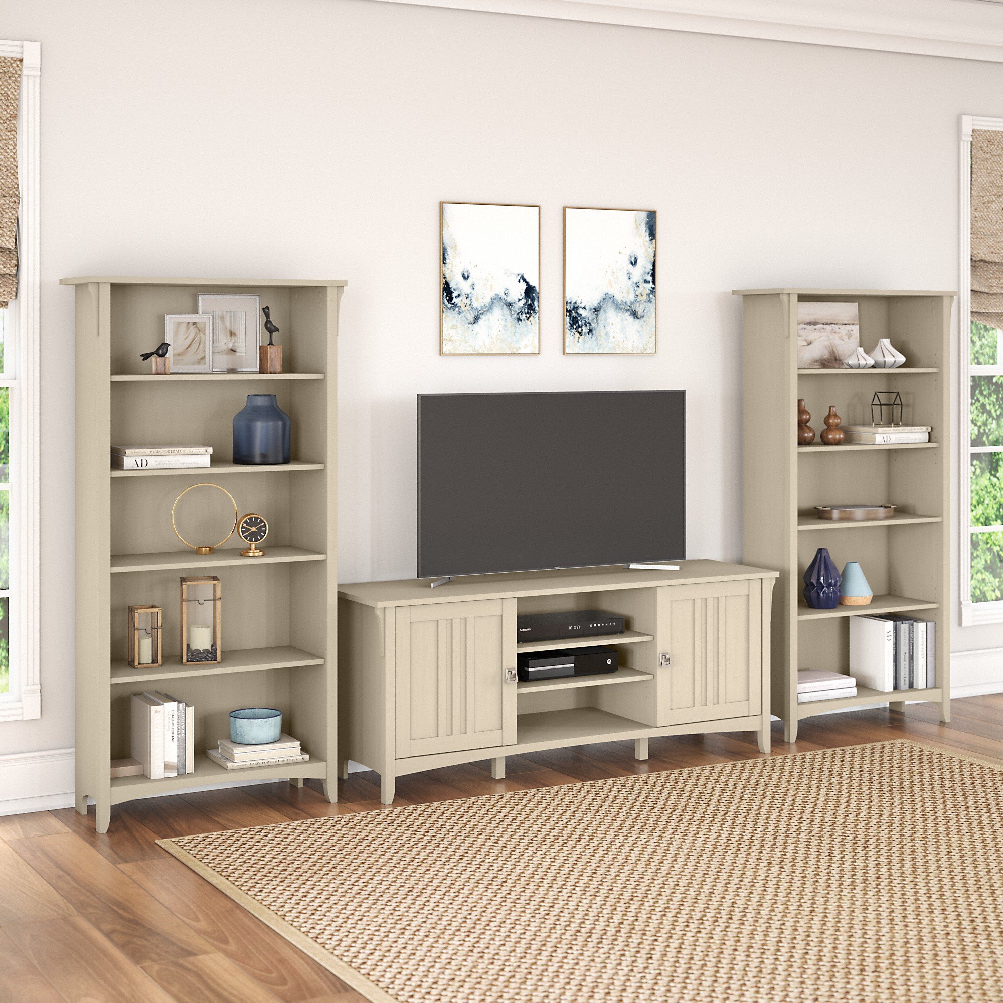 Salinas Antique White TV Stand and Bookcase Set-1