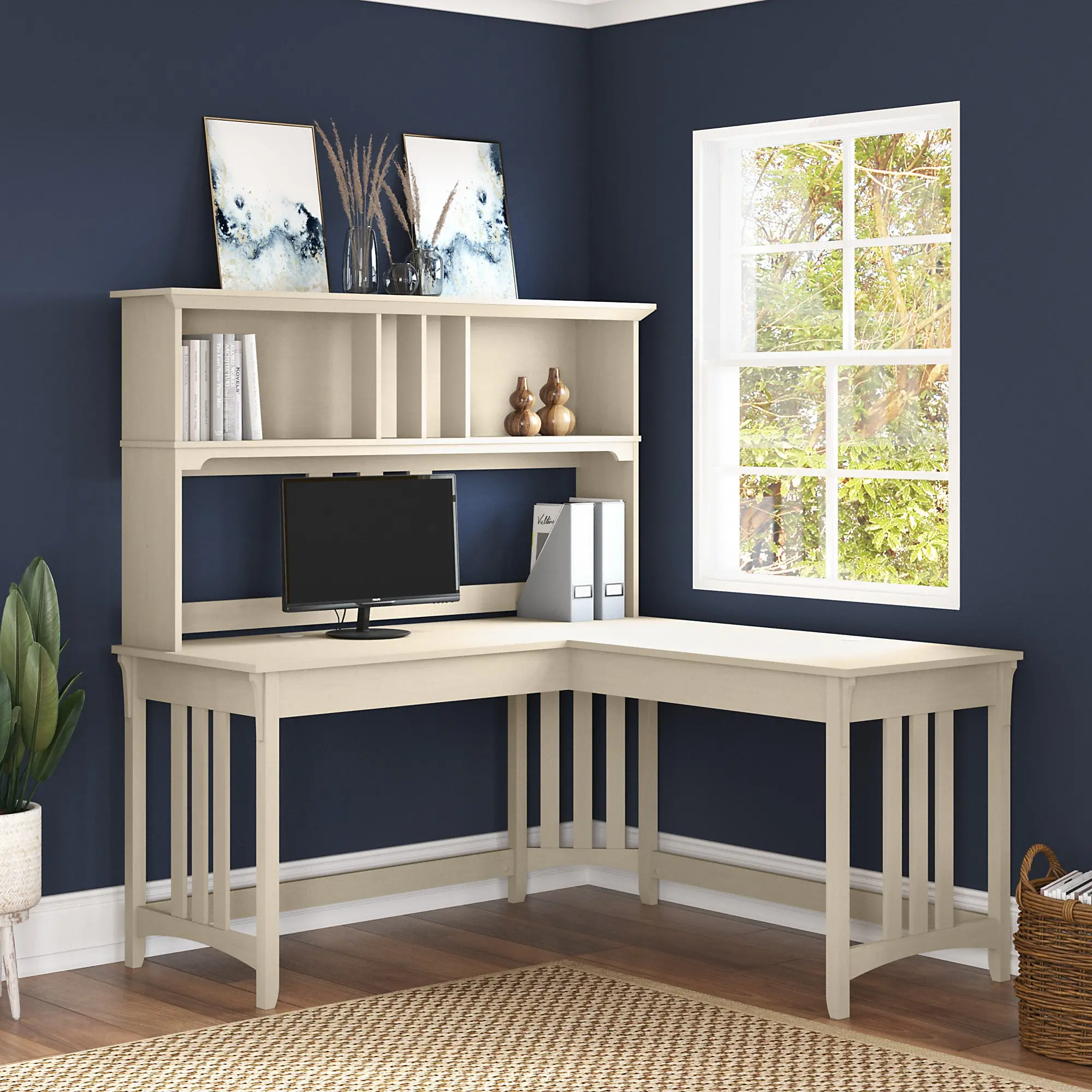 SAL044AW Salinas Antique White L Shaped Desk With Hutch-1
