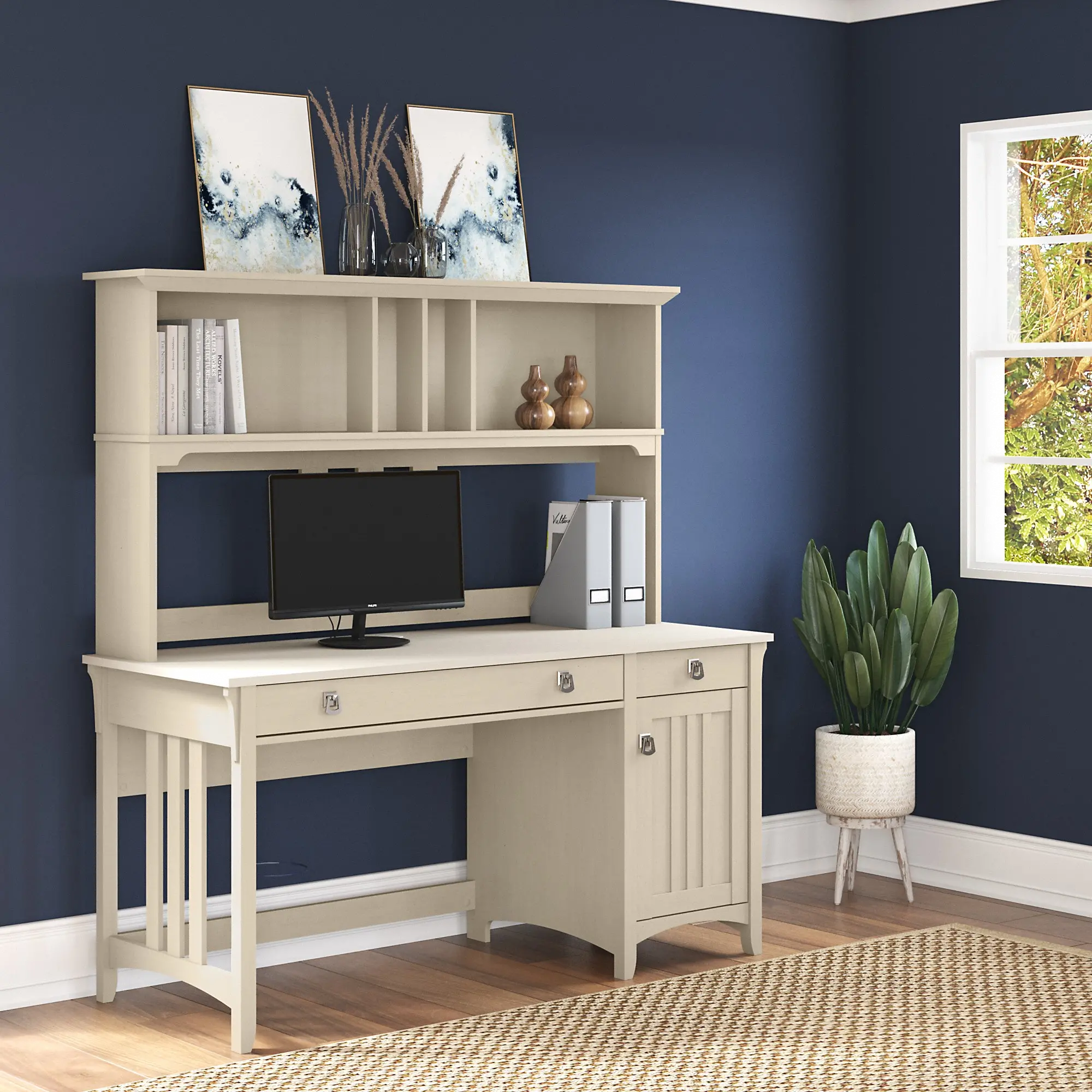 SAL045AW Salinas Antique White Pedestal Desk With Hutch-1