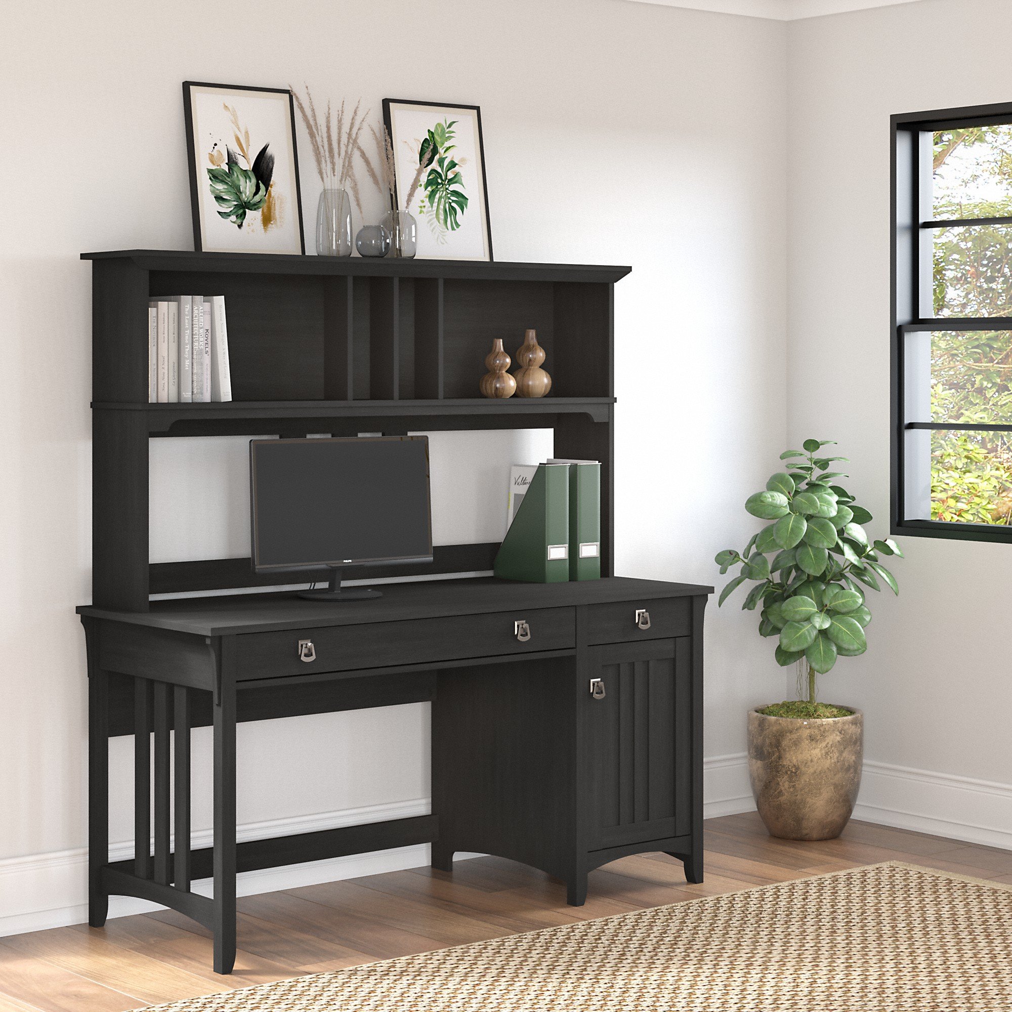 Salinas Vintage Black Pedestal Desk With Hutch-1