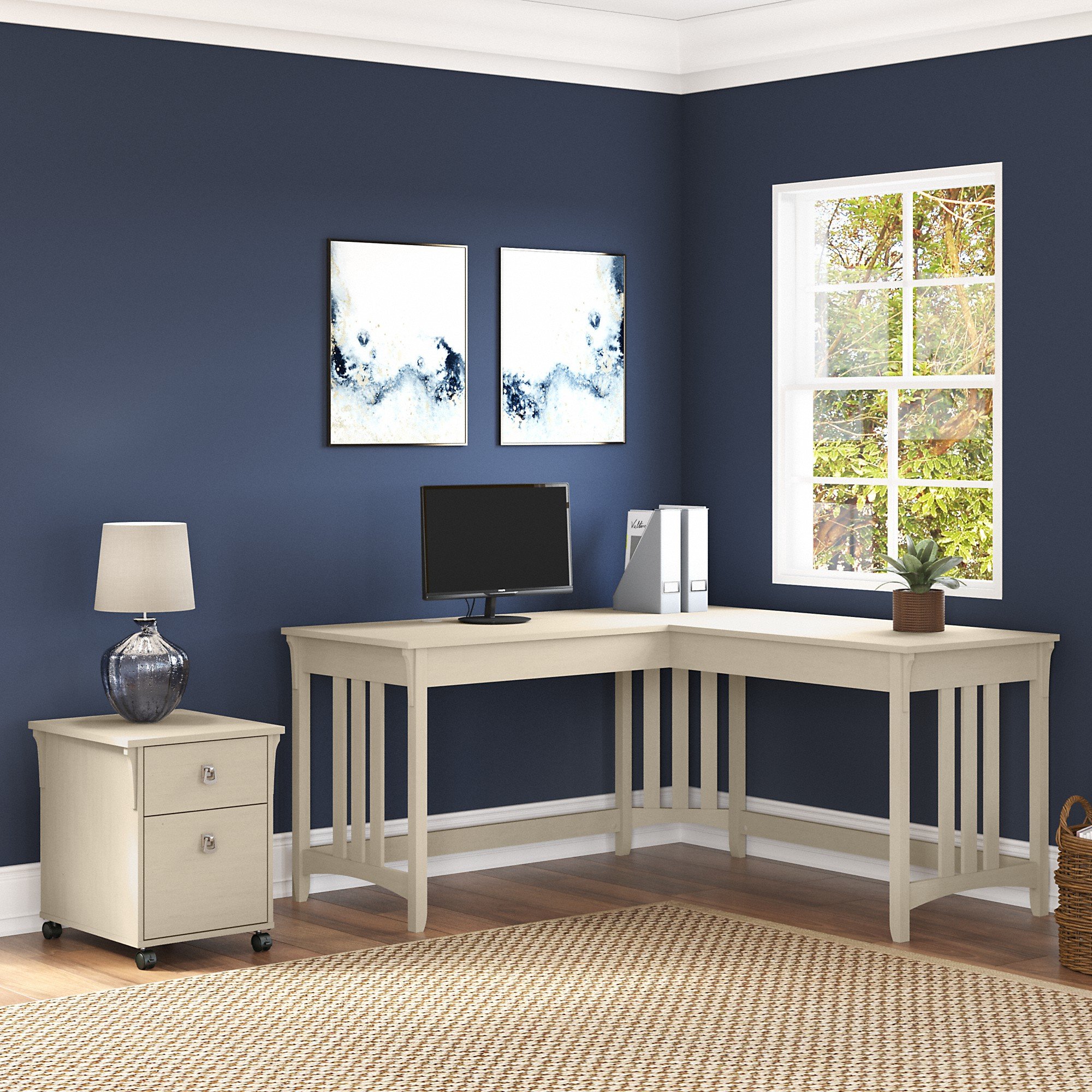 Salinas Antique White L Shaped Desk and Pedestal-1
