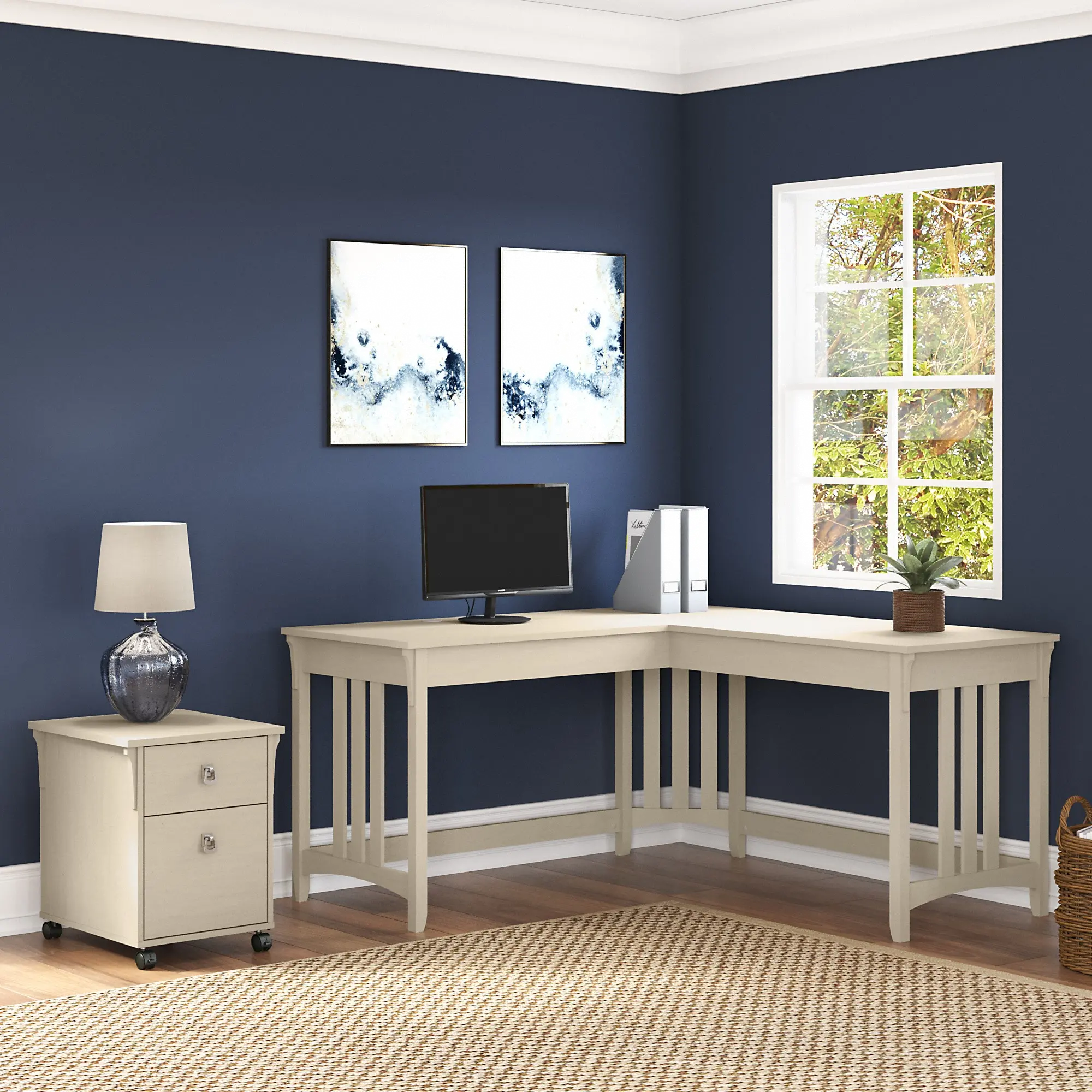 SAL047AW Salinas Antique White L Shaped Desk and Pedestal-1