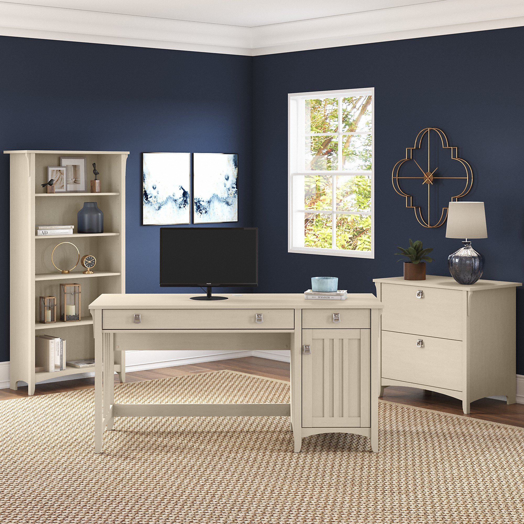 Salinas Antique White Desk with Bookcase and Filing Cabinet-1
