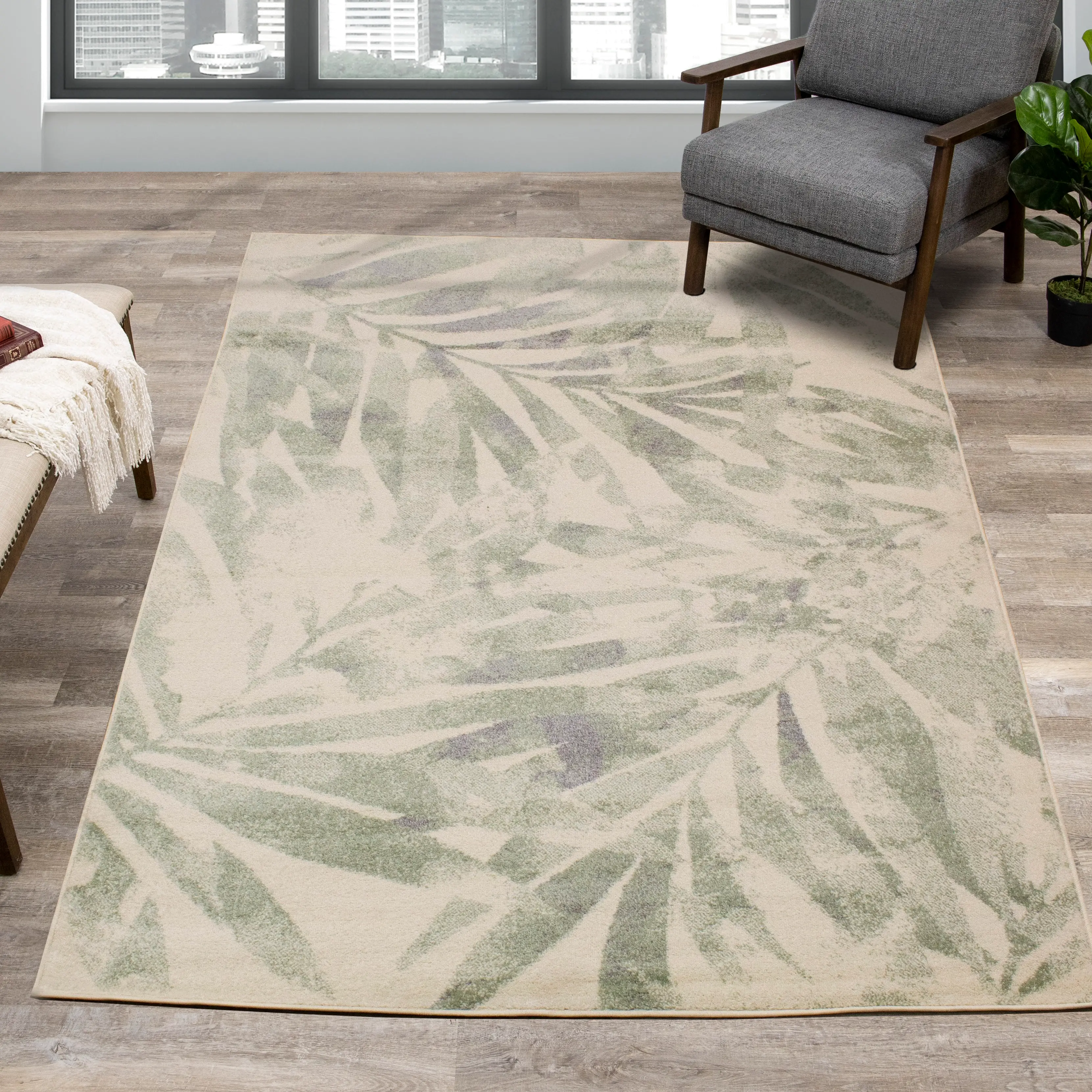 Focus 5 x 8 Botanical Cream Green Area Rug-2