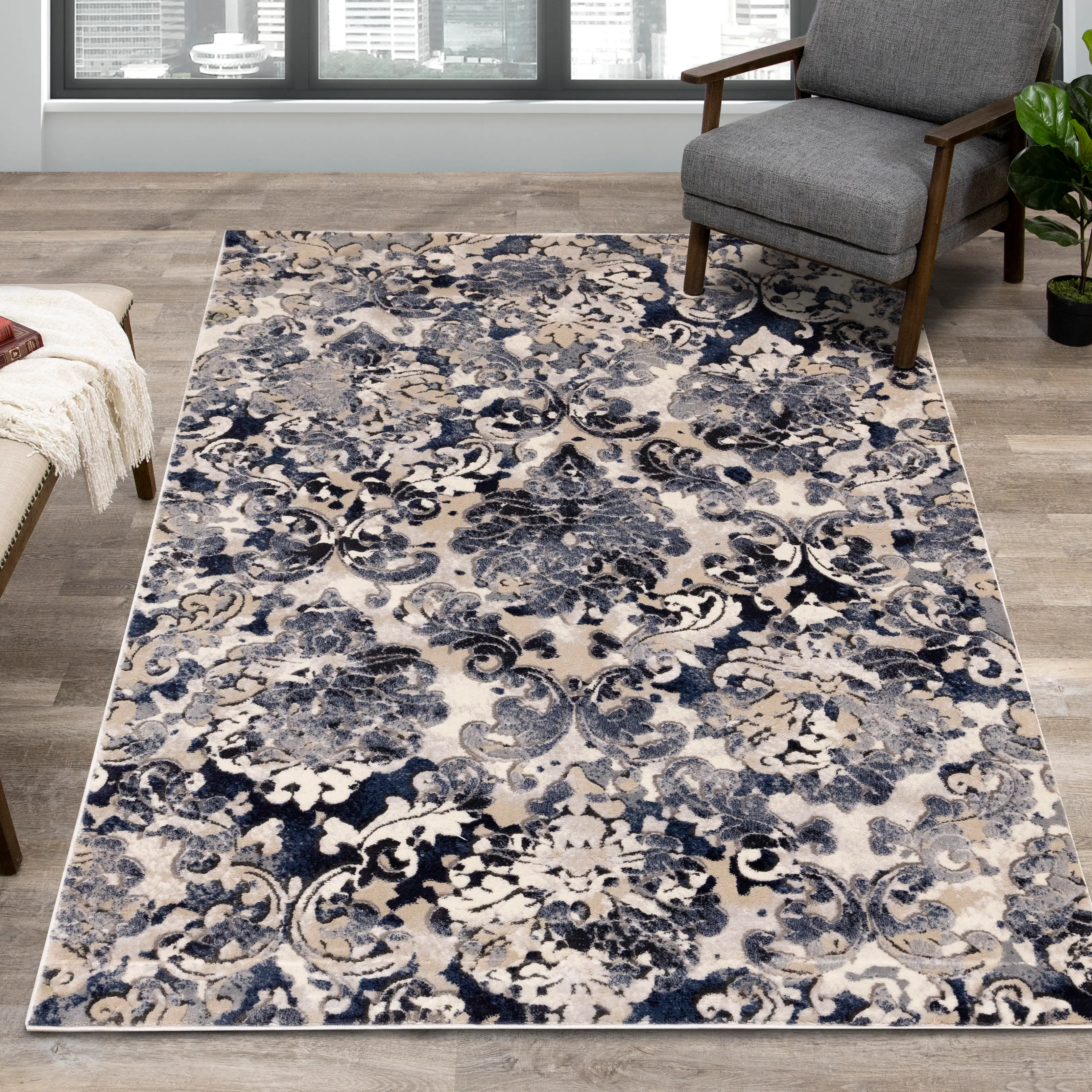 Alida 5 x 8 Elegant Cream Blue Area Rug-2