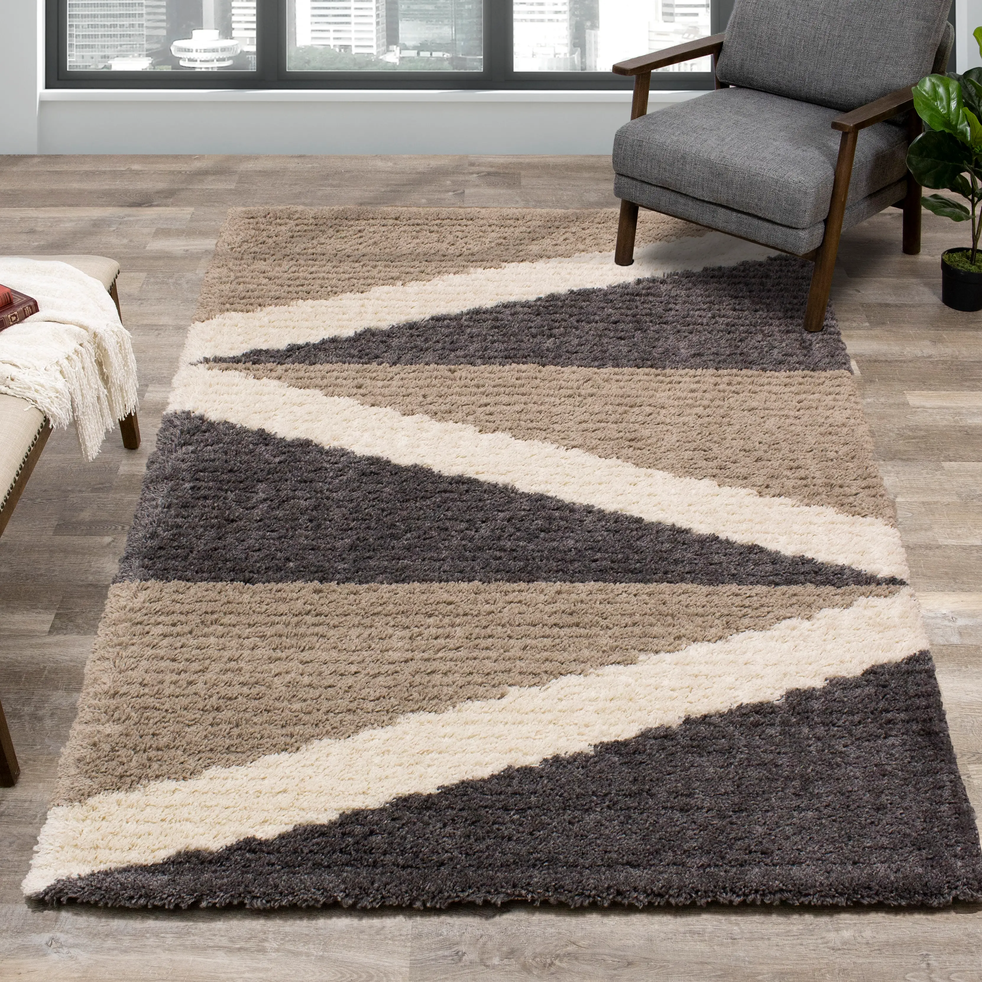 Rondo 2 x 4 Abstract Beige Cream Shag Rug-2