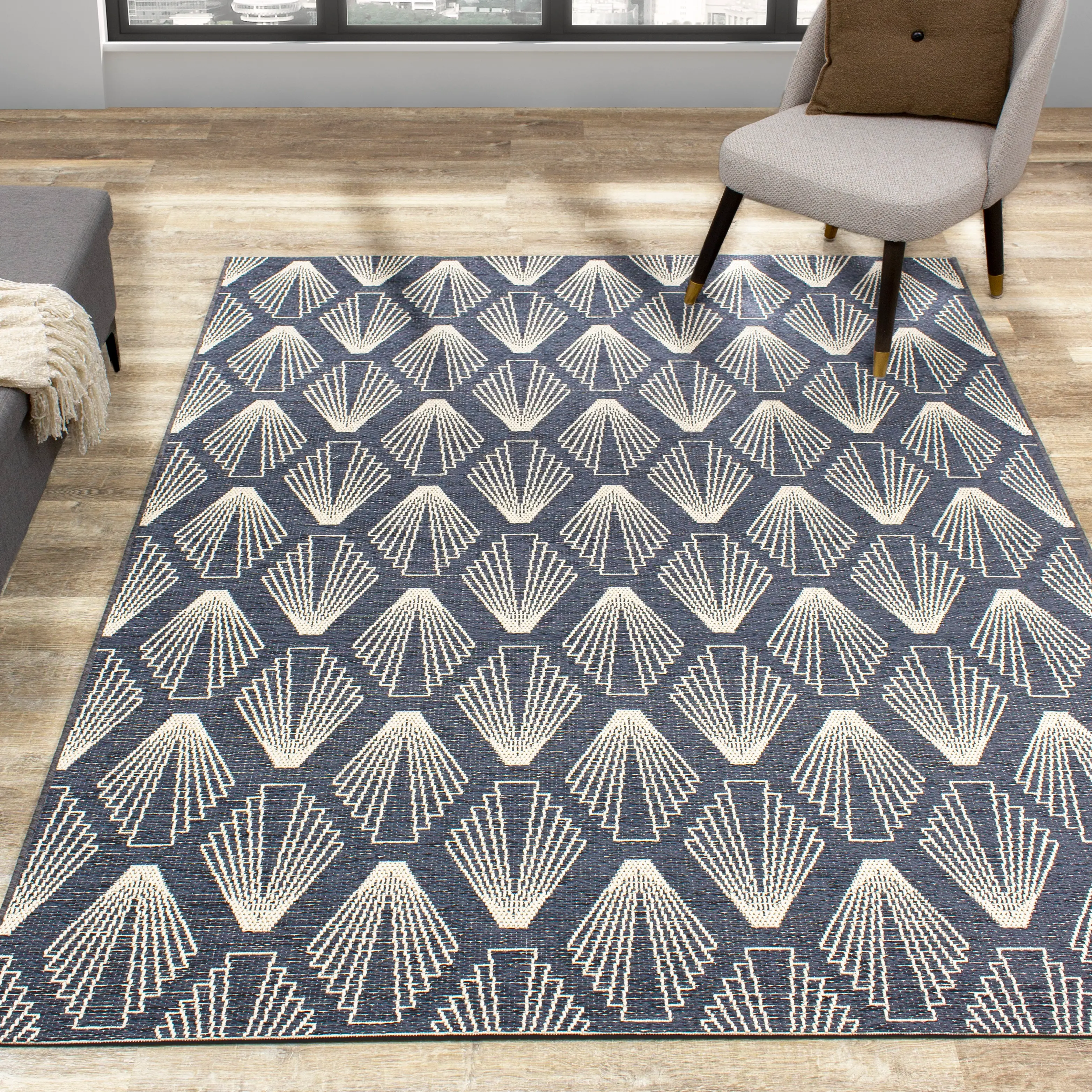 Vista 5 x 8 Art Deco Blue Cream Area Rug-2