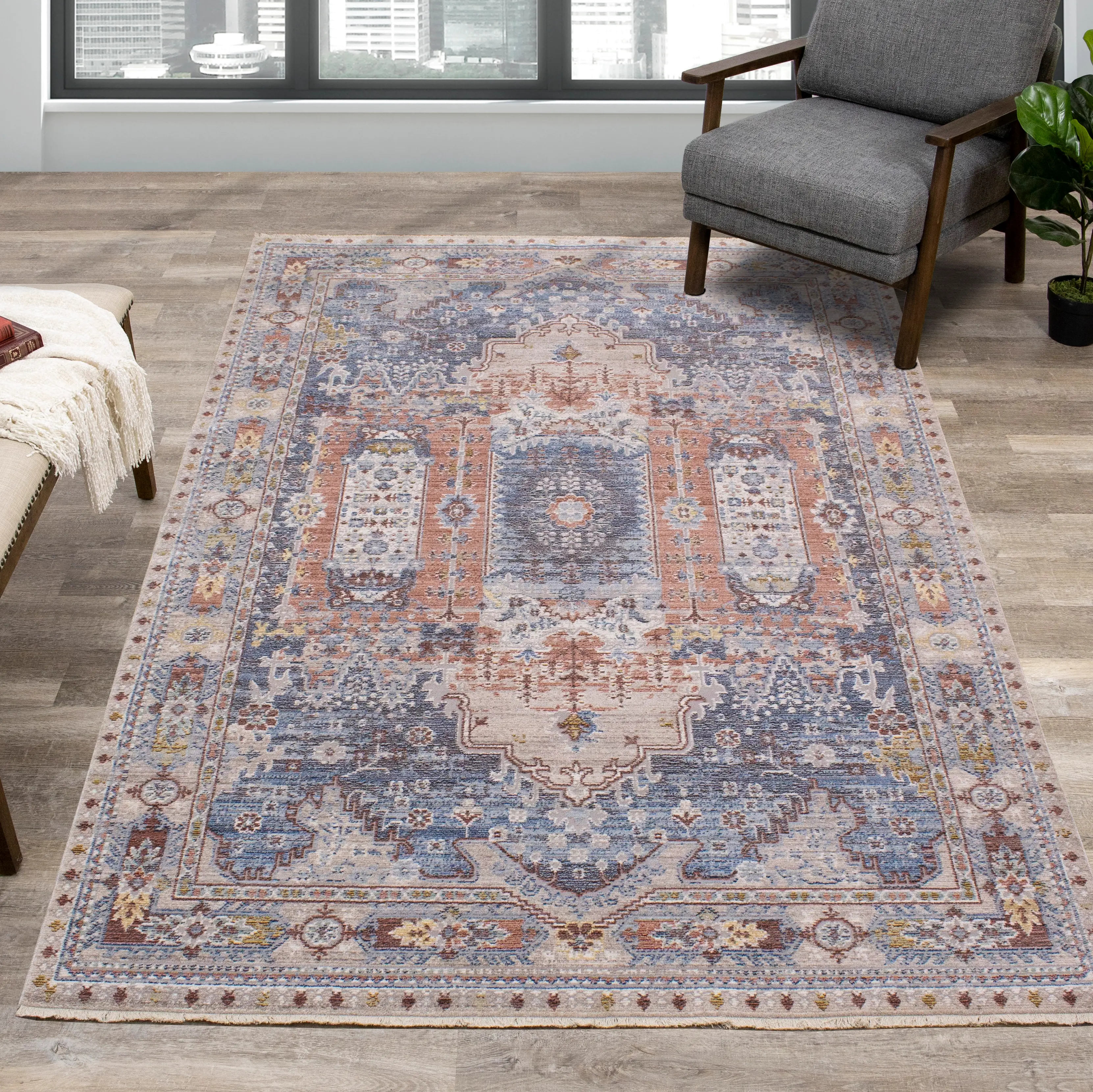 Monaco 5 x 8 Border Gray Blue Area Rug-2