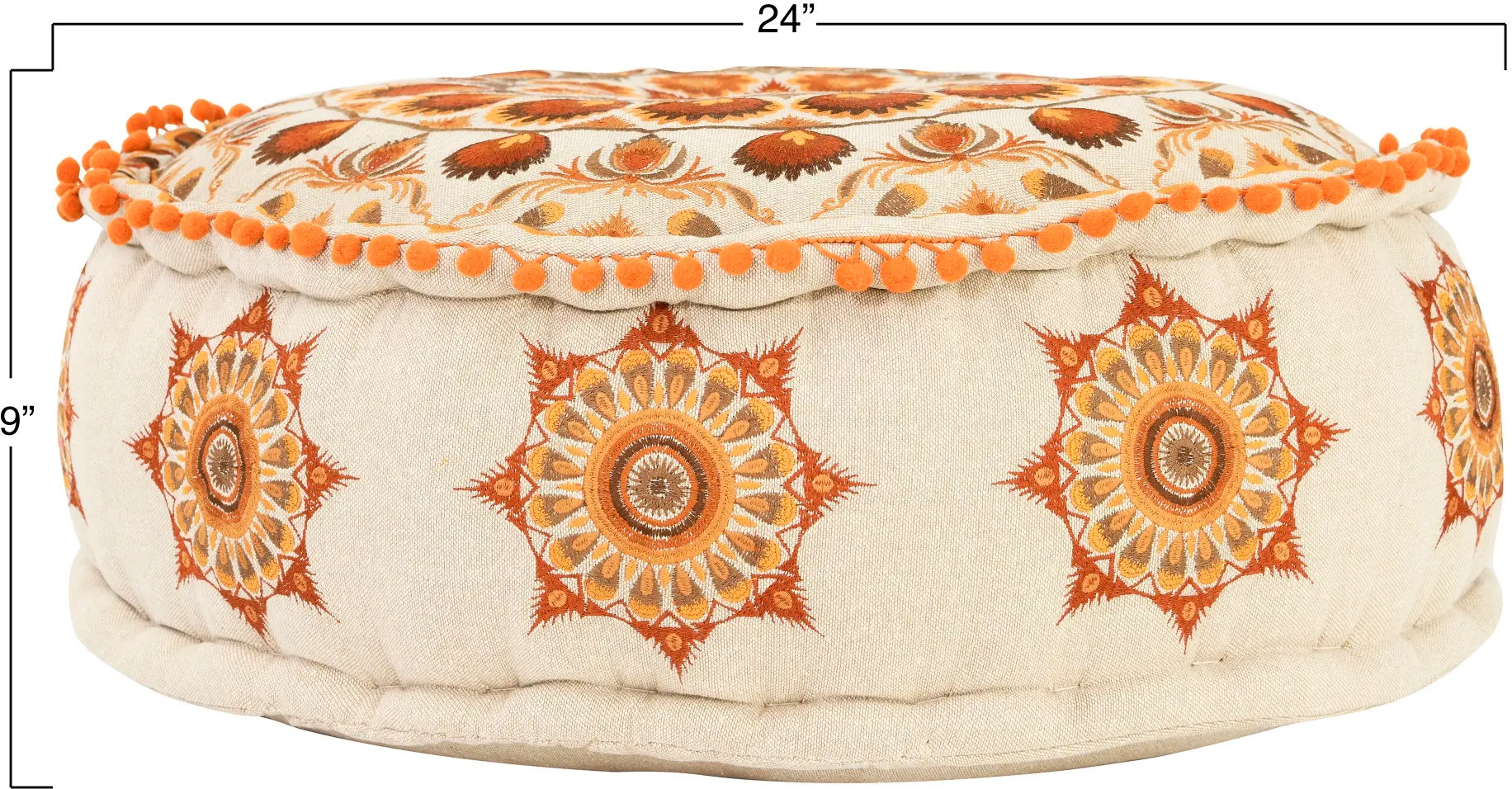 Multicolor Embroidered Pouf with Pom-Pom Trim-1