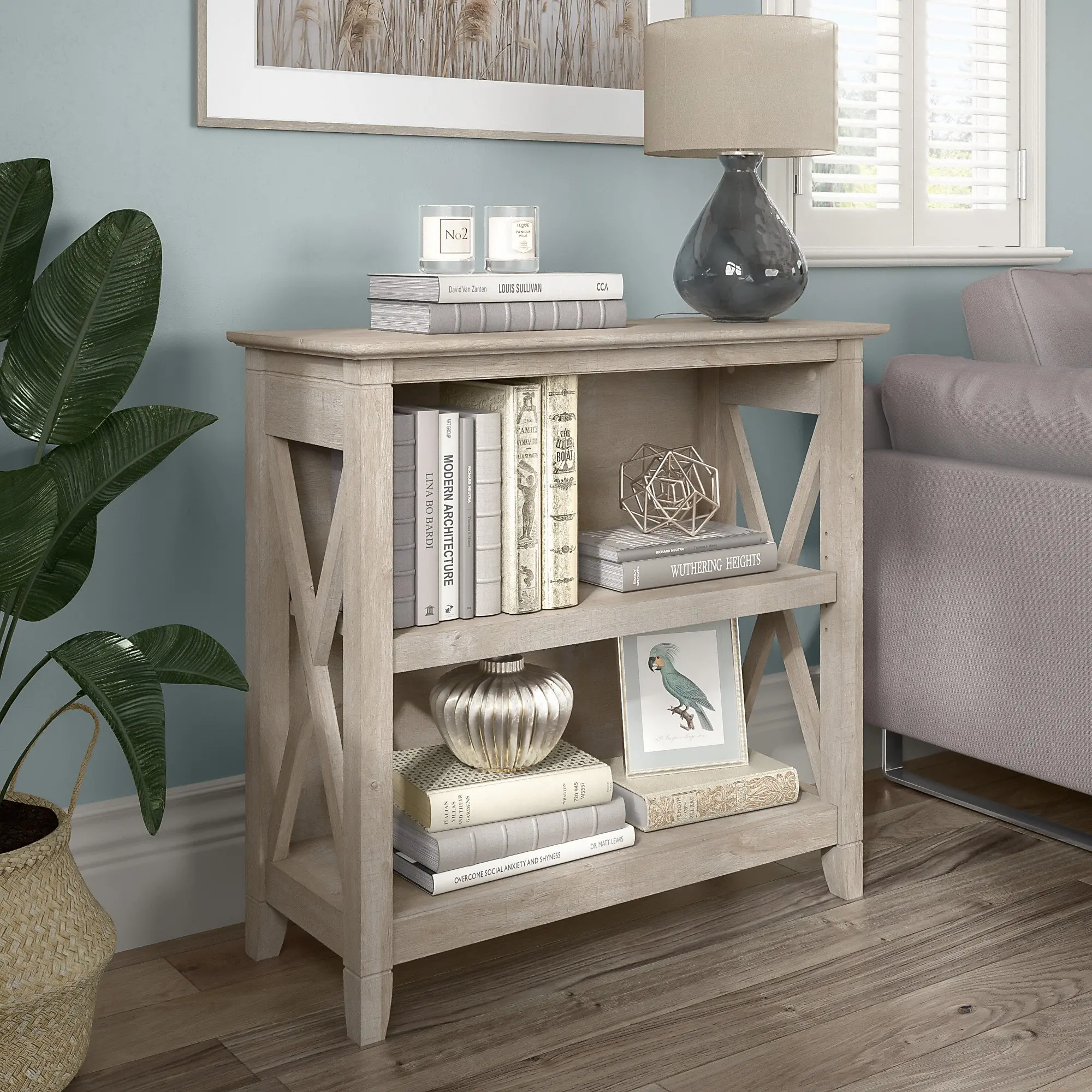 KWB124WG-03 Key West Farmhouse Washed Gray 2-Shelf Bookcase-1