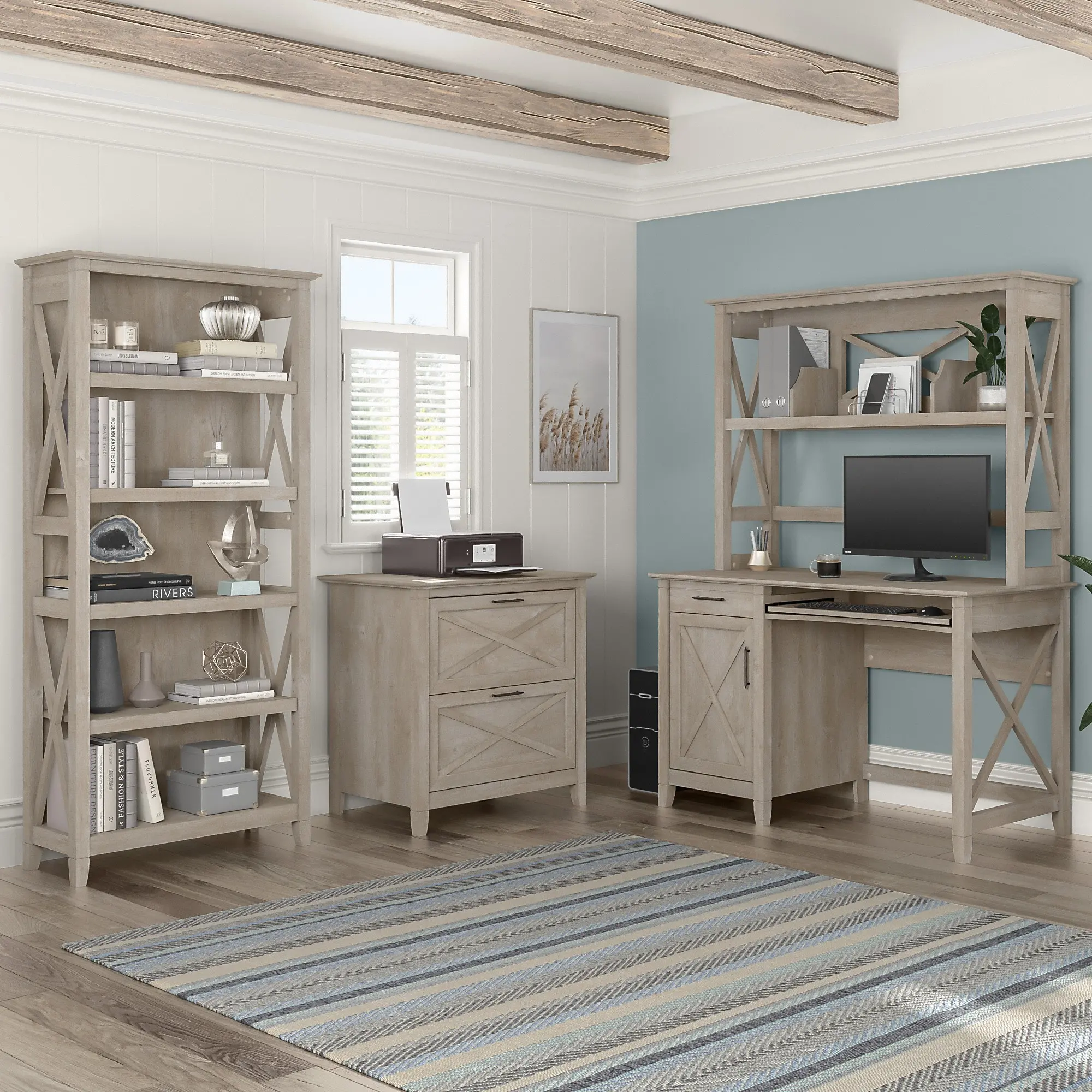 KWD248WG-03 Key West Farmhouse Washed Gray 48W Desk with Hutch-2