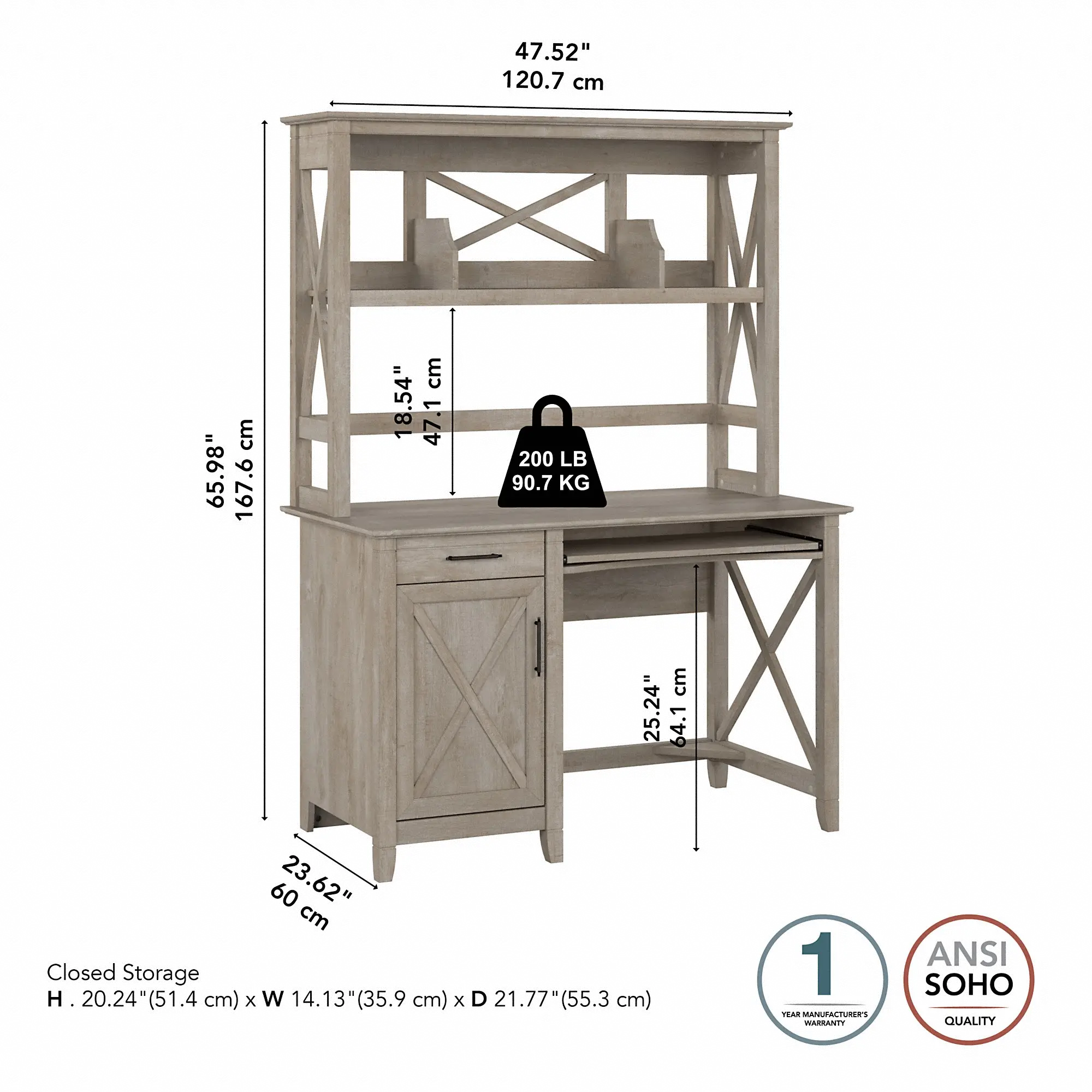 KWD248WG-03 Key West Farmhouse Washed Gray 48W Desk with Hutch-7