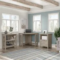 KWS050WG Key West Farmhouse Washed Gray Corner Desk with 2-Shelf Bookcase, and File Cabinet