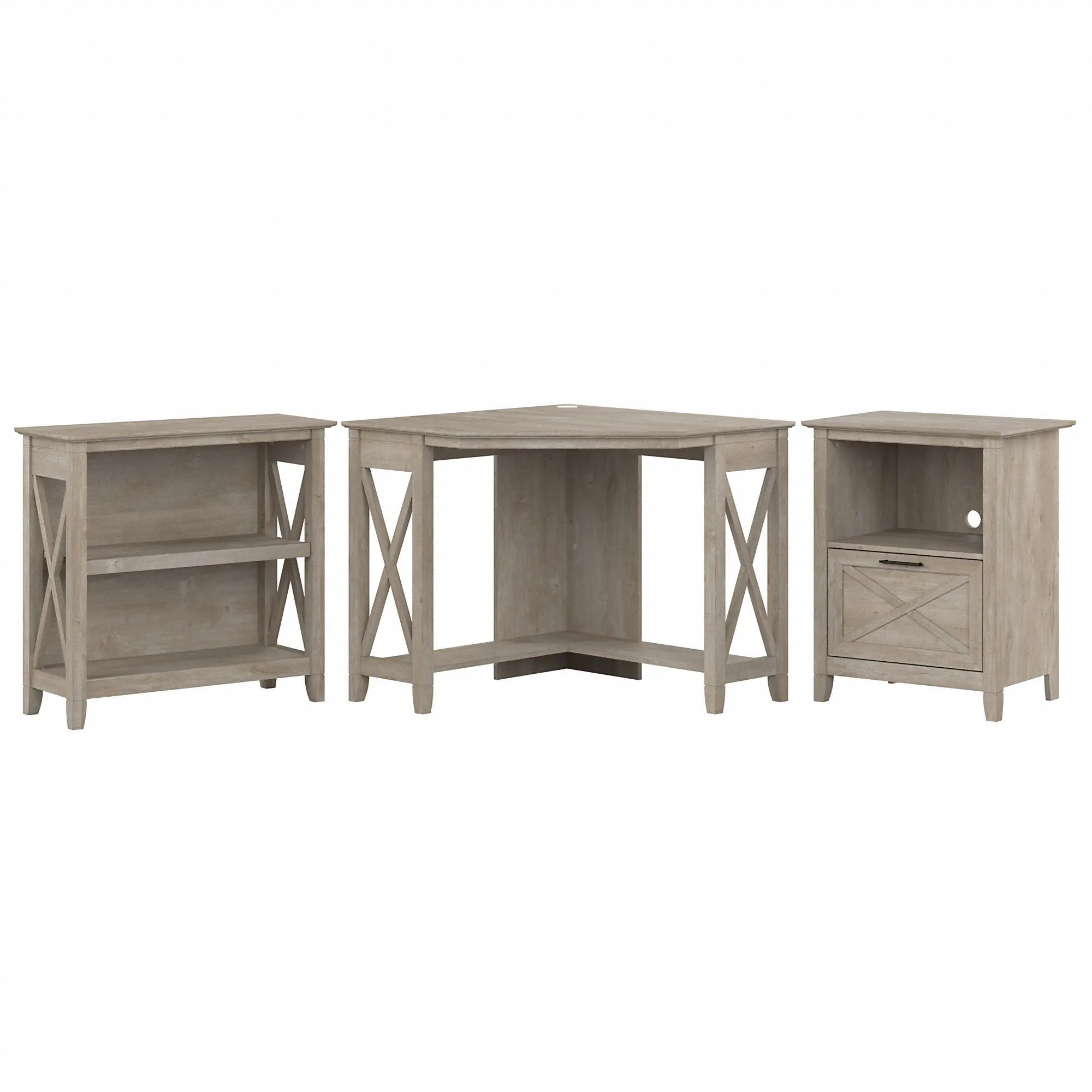 KWS050WG Key West Farmhouse Washed Gray Corner Desk with 2-Shelf Bookcase, and File Cabinet-2