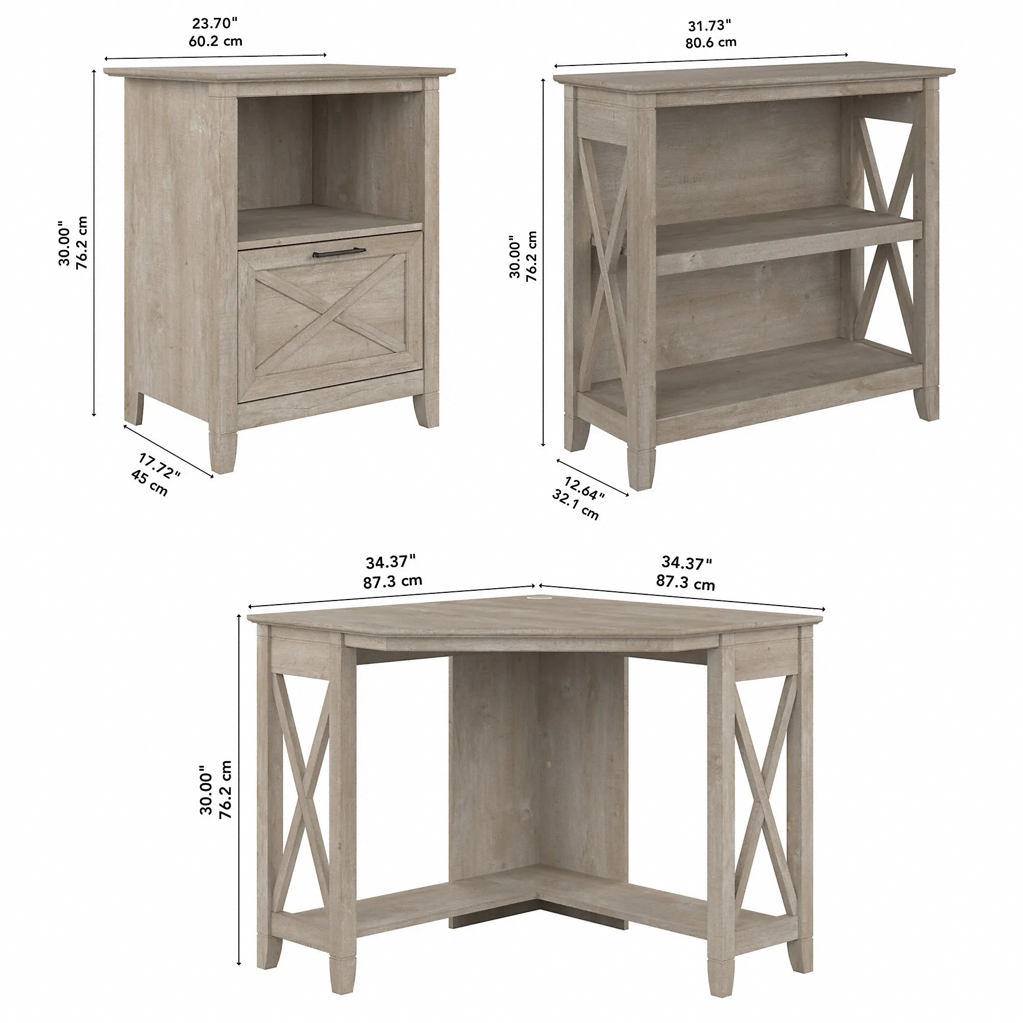 KWS050WG Key West Farmhouse Washed Gray Corner Desk with 2-Shelf Bookcase, and File Cabinet-6