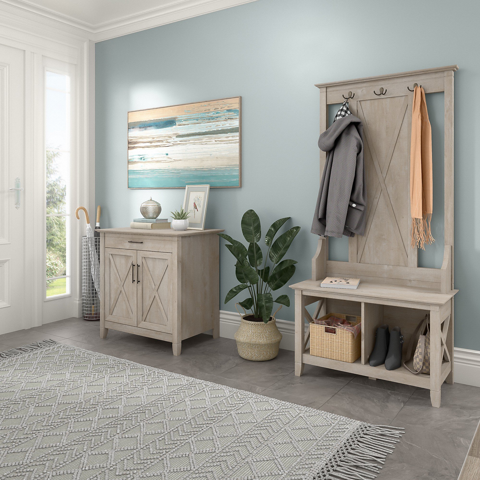 Key West Farmhouse Washed Gray Shoe Bench and Hall Tree with Secretary Desk-1
