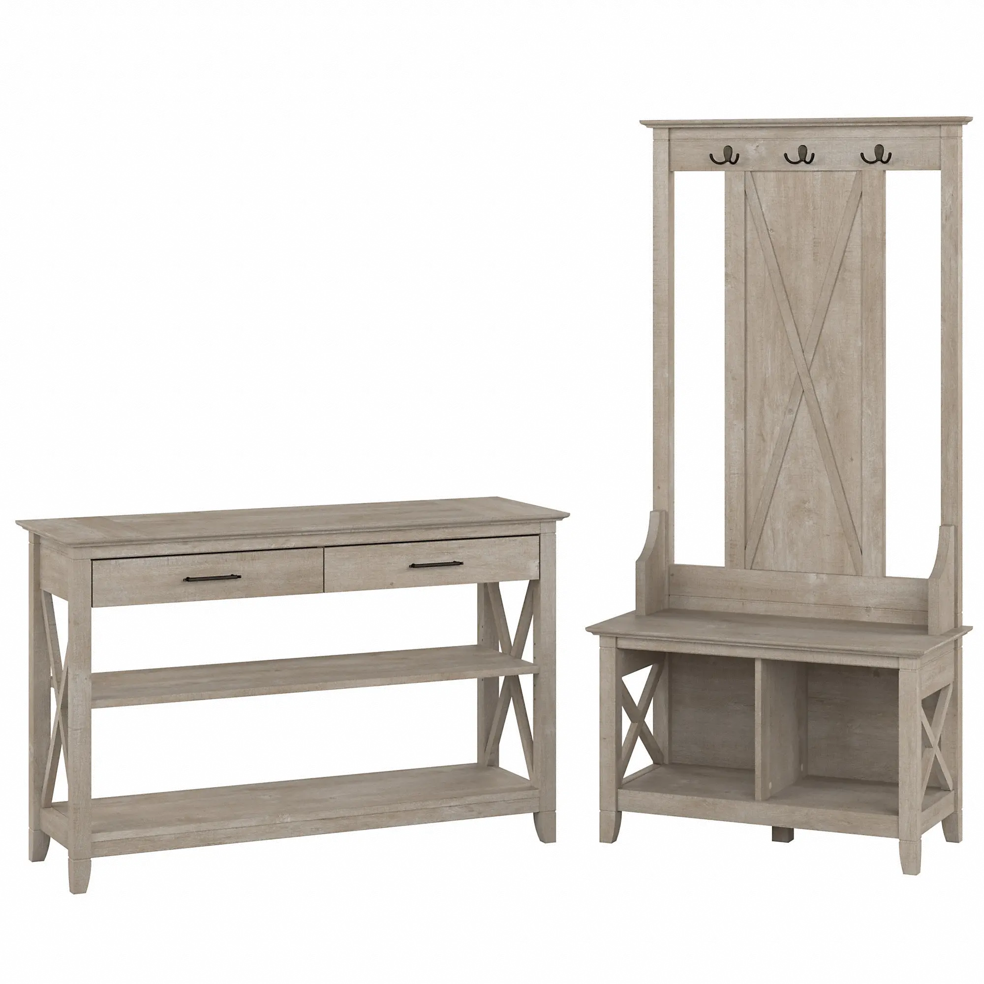 KWS056WG Key West Farmhouse Washed Gray Shoe Bench and Hall Tree with Console Table-2