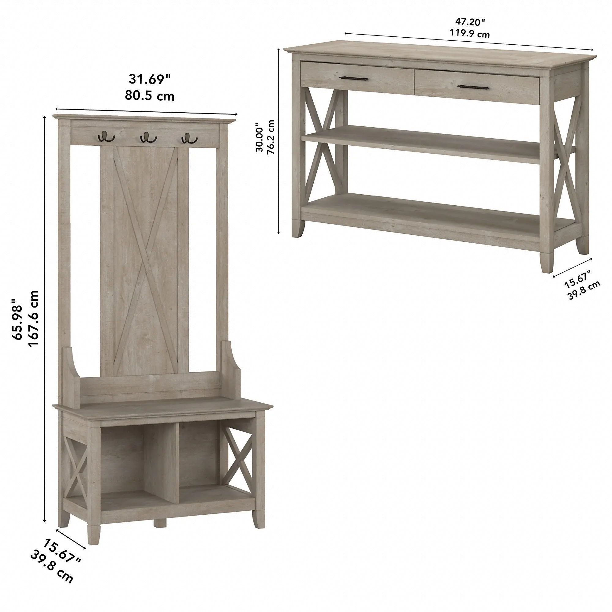 KWS056WG Key West Farmhouse Washed Gray Shoe Bench and Hall Tree with Console Table-6