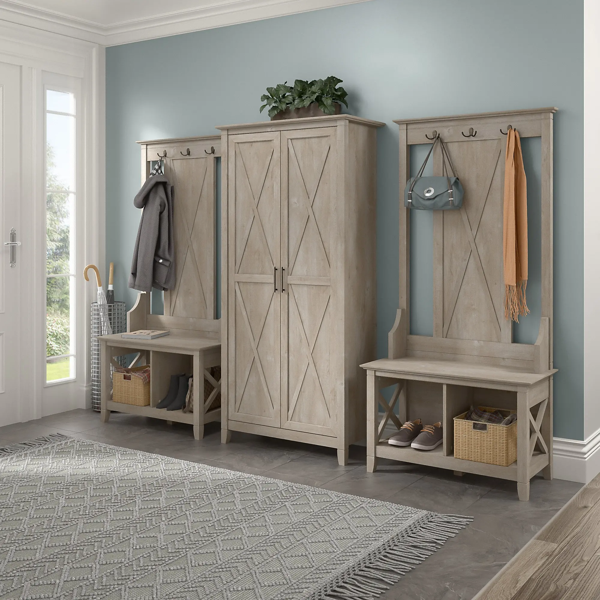 KWS057WG Key West Farmhouse Washed Gray Shoe Bench and Hall Trees with Tall Storage-1
