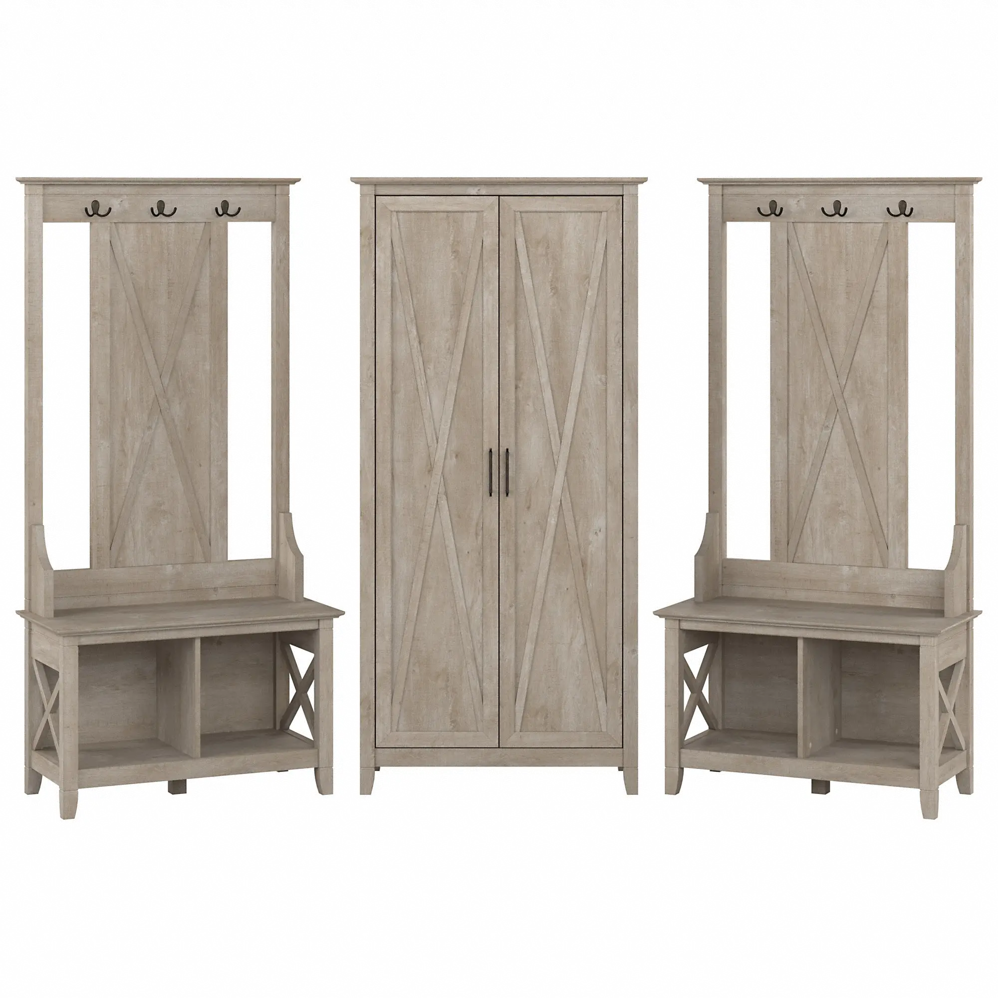KWS057WG Key West Farmhouse Washed Gray Shoe Bench and Hall Trees with Tall Storage-2