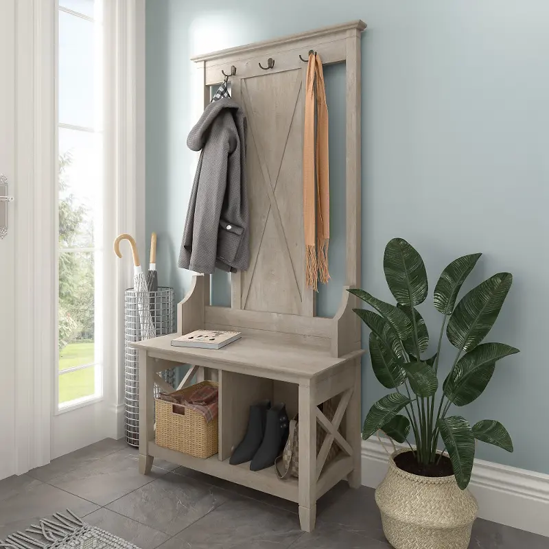 KWS166WG-03 Key West Farmhouse Washed Gray Shoe Bench and Hall Tree - Bush Furniture