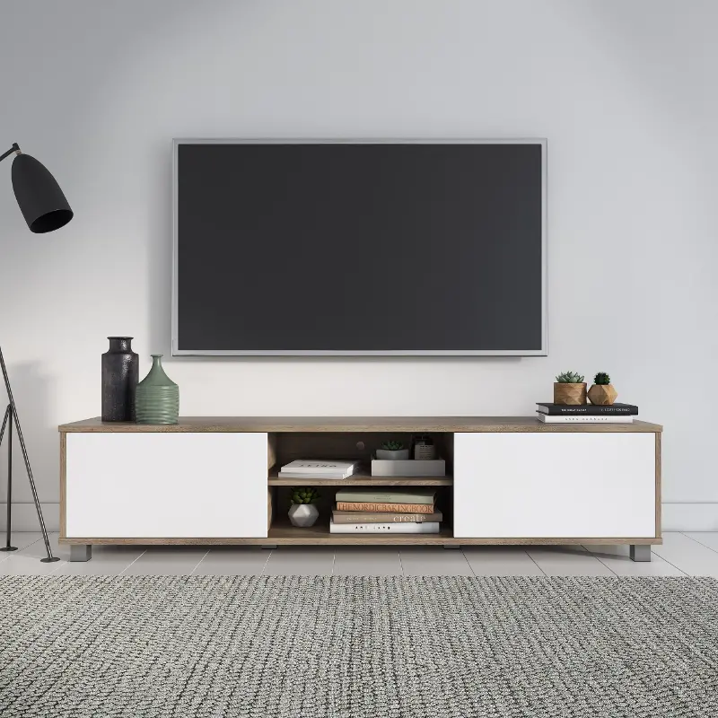 Hollywood Modern 71 White and Brown Wood Grain TV Stand with Doors