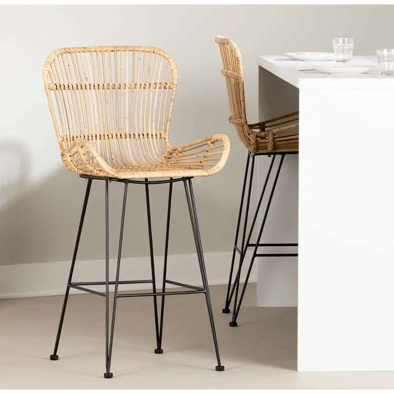13172 Balka Natural Rattan Counter Stool with Armrests, Set of 2 - South Shore