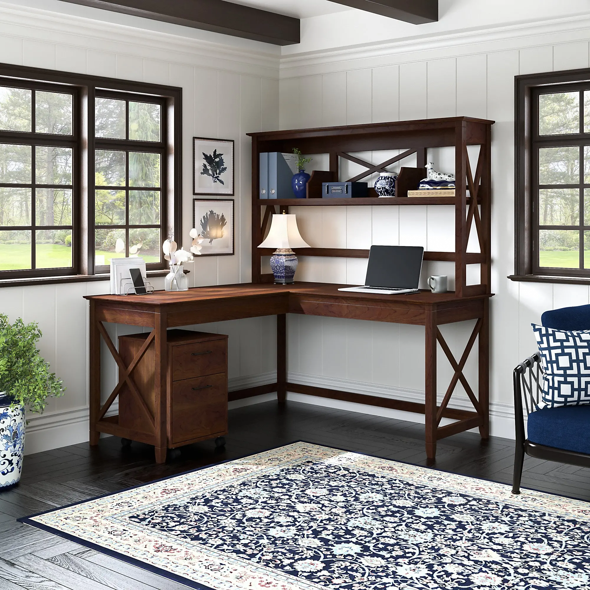 KWS049BC Key West Bing Cherry 60 Inch L Shaped Desk with Hutch and Mobile File Cabinet-1