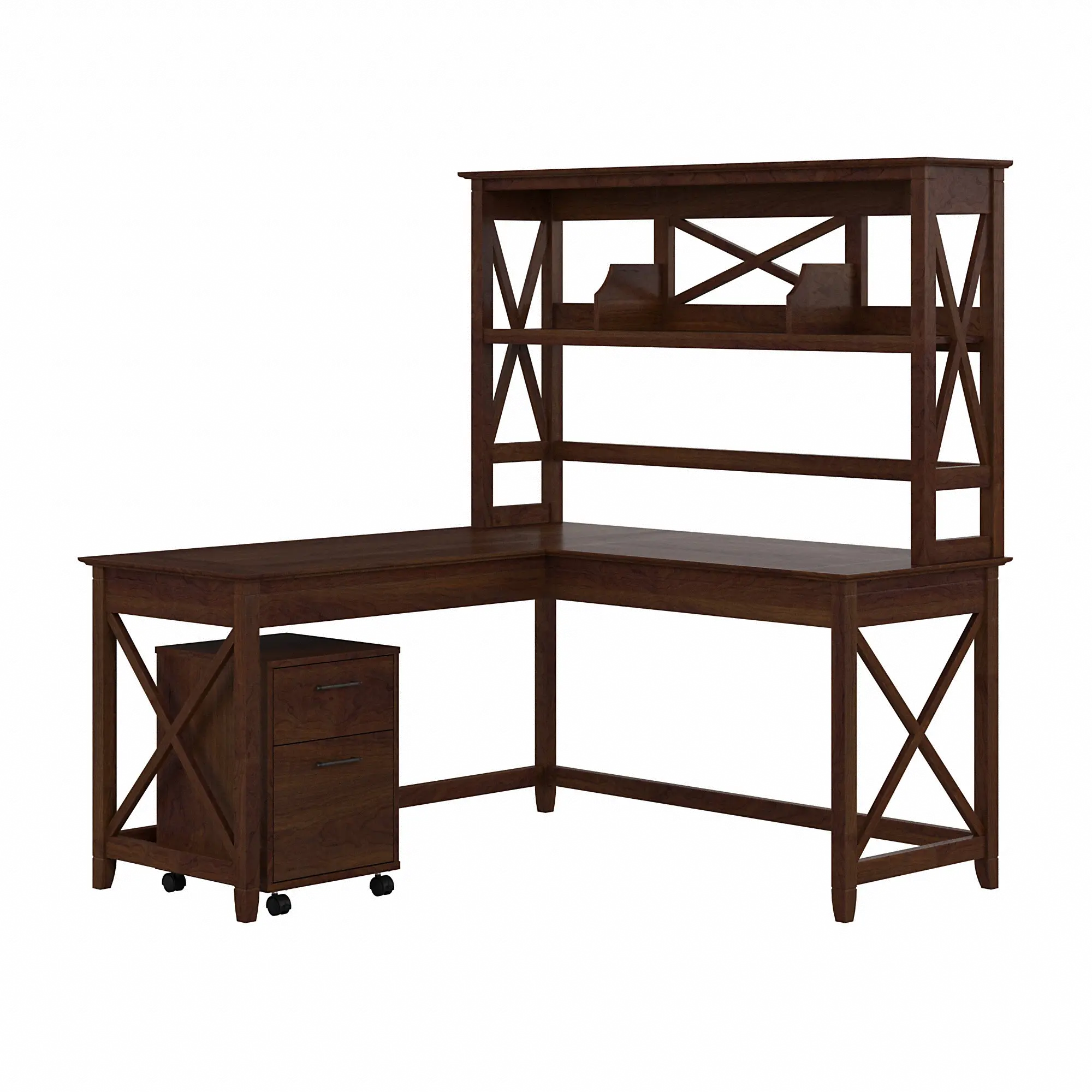 KWS049BC Key West Bing Cherry 60 Inch L Shaped Desk with Hutch and Mobile File Cabinet-2