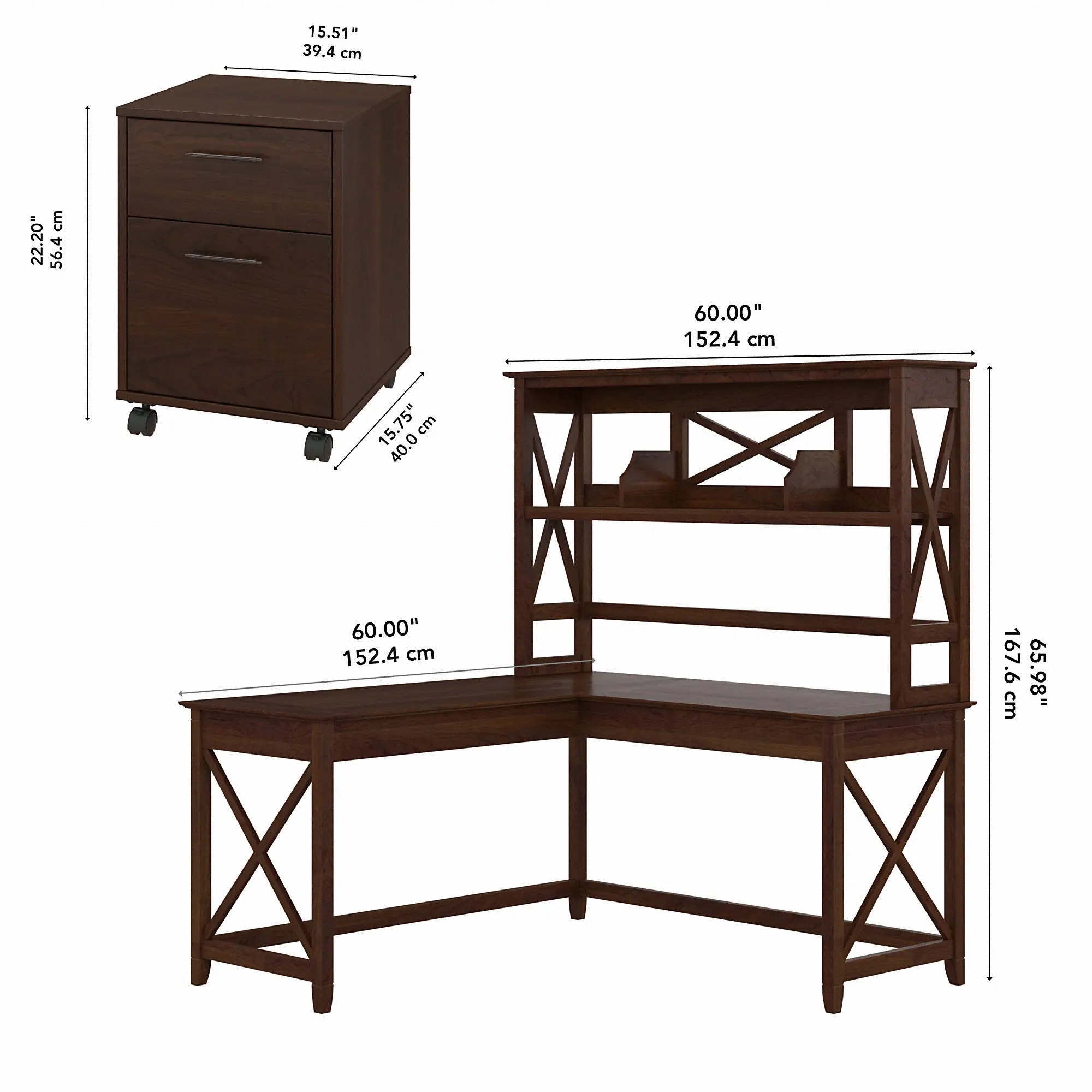 KWS049BC Key West Bing Cherry 60 Inch L Shaped Desk with Hutch and Mobile File Cabinet-6