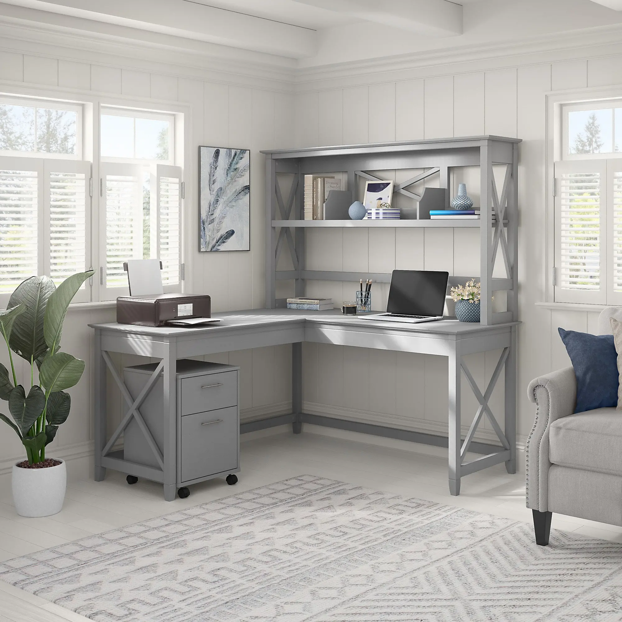 KWS049CG Key West Cape Cod Gray 60 Inch L Shaped Desk with Hutch and Mobile File Cabinet-1
