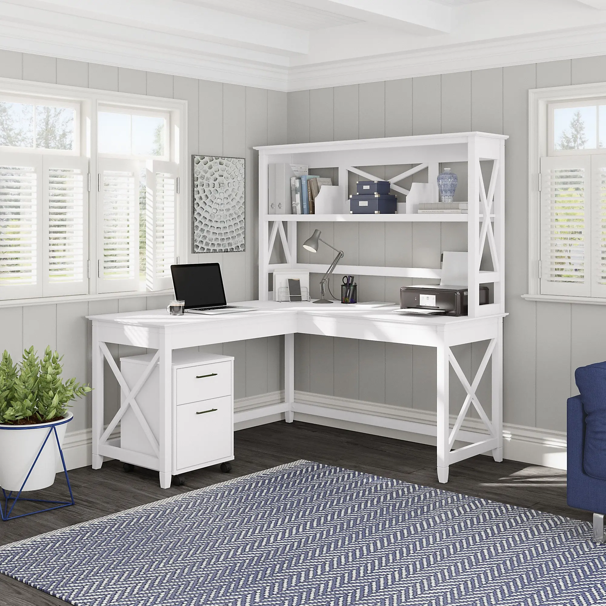 KWS049WT Key West White Oak 60 Inch L Shaped Desk with Hutch and Mobile File Cabinet-1